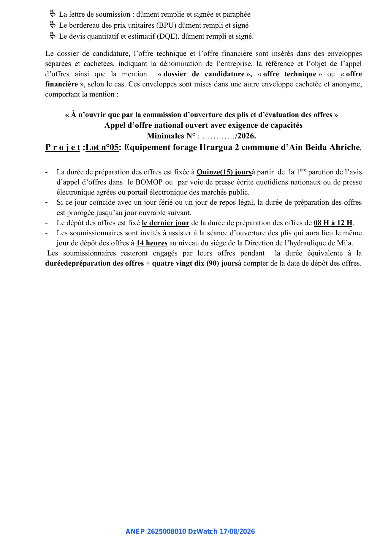 Annonce ANEP 2625008010 : AVIS D’APPEL D’OFFRE NATIONAL OUVERT AVEC EXIGENCE DE CAPACITES MINIMALES, DIRECTION DE L’HYDRAULIQUE DE LA WILAYA DE MILA