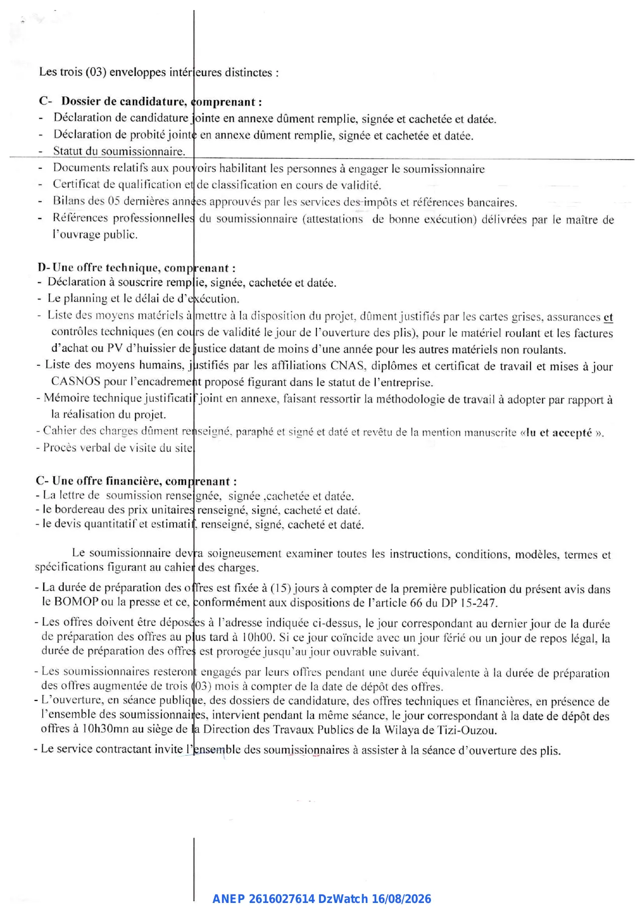Annonce ANEP 2616027614 : AVIS D'APPEL D'OFFRES NATIONAL OUVERT AVEC EXIGENCE DE CAPACITES MINIMALES, DIRECTION DES TRAVAUX PUBLICS DE LA WILAYA DE TIZI-OUZOU