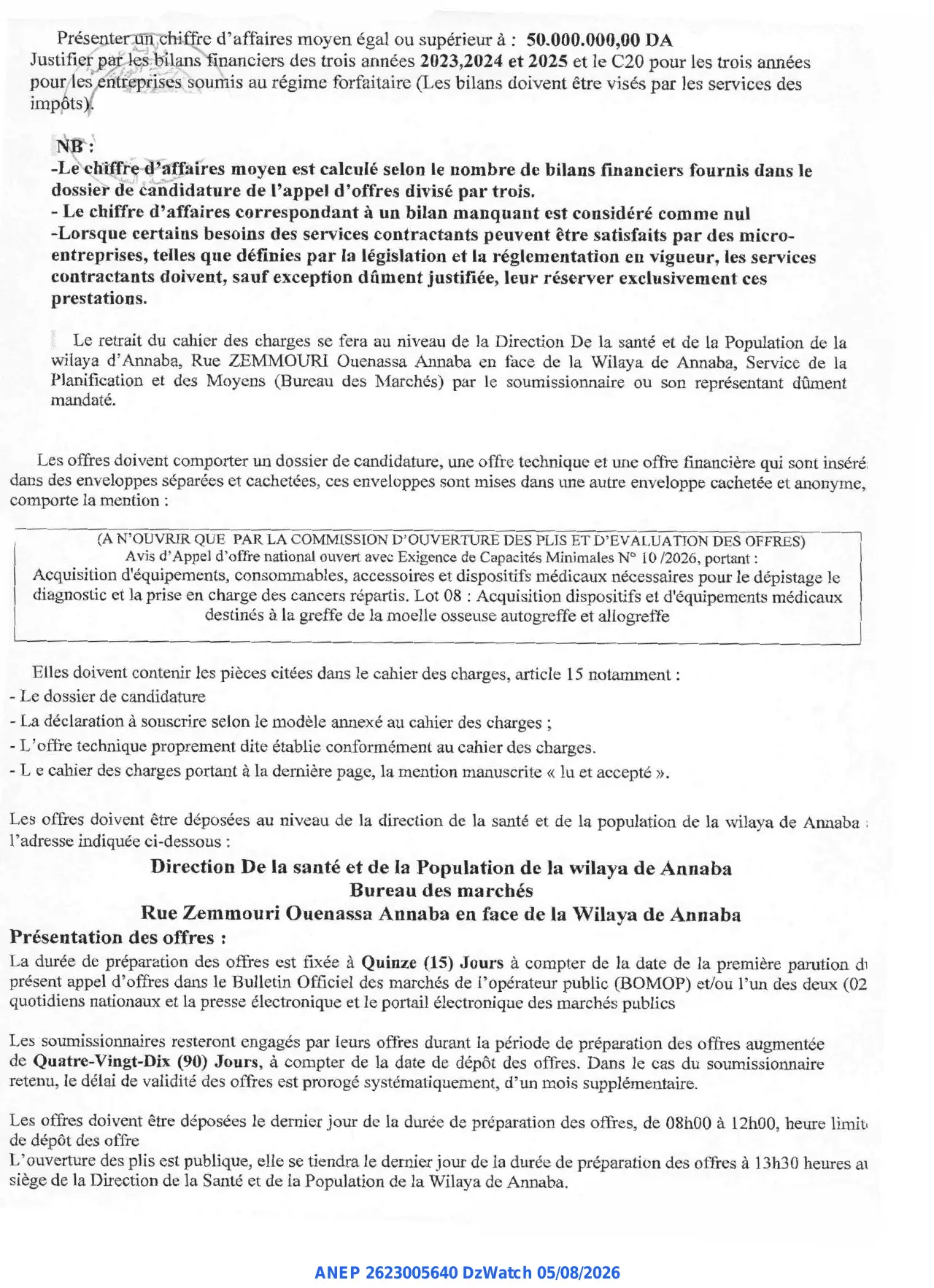 Annonce ANEP 2623005640 : AVIS D'APPEL D'OFFRES NATIONAL OUVERT AVEC EXIGENCE DE CAPACITES MINIMALES, Direction de la Santé et de la Population Wilaya d'Annaba