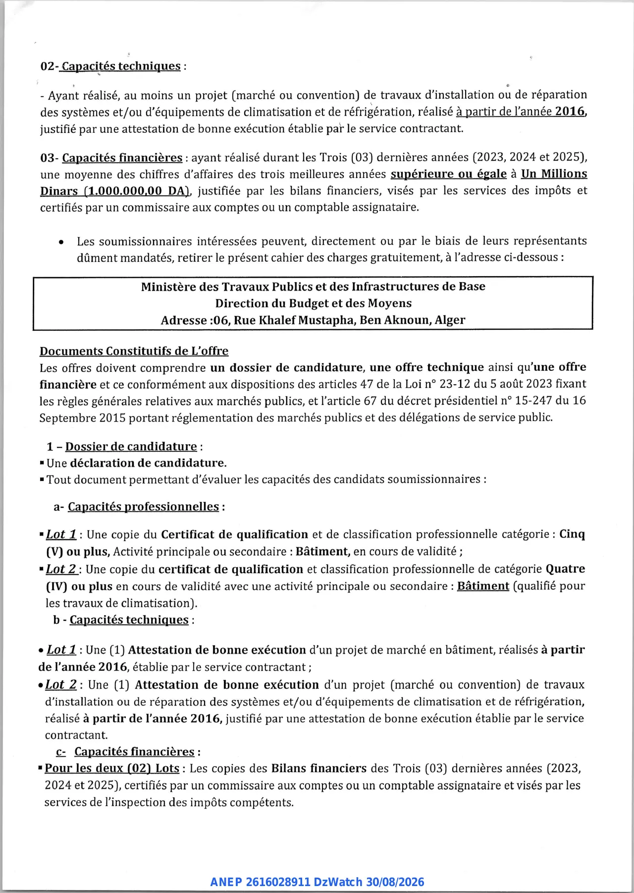 Annonce ANEP 2616028911 : AVIS D'APPEL D'OFFRES NATIONAL OUVERT AVEC EXIGENCE DE CAPACITES MINIMALES, Ministère des Travaux Publics et des Infrastructures de Base