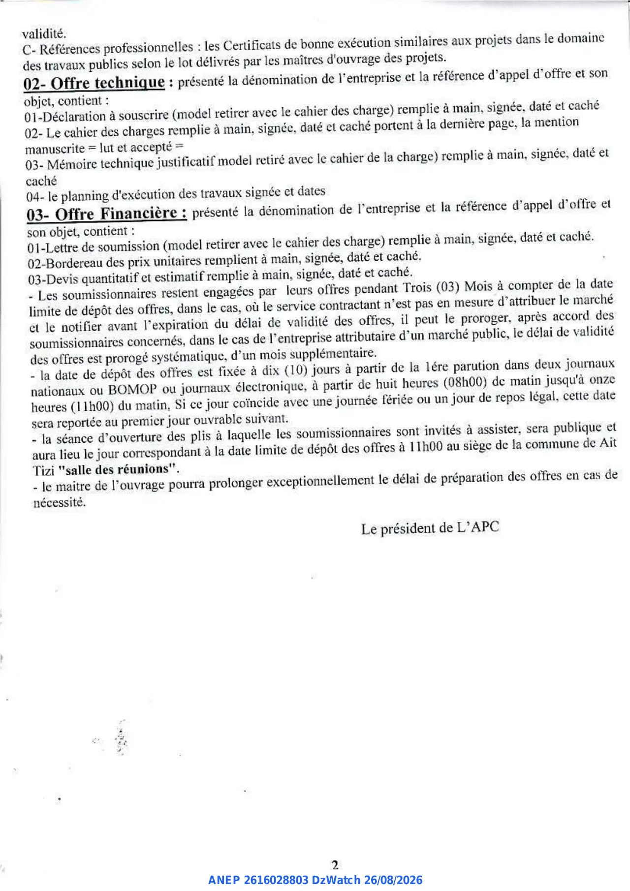 Annonce ANEP 2616028803 : Avis d'appel d'offre national ouvert, Commune de Ait Tizi