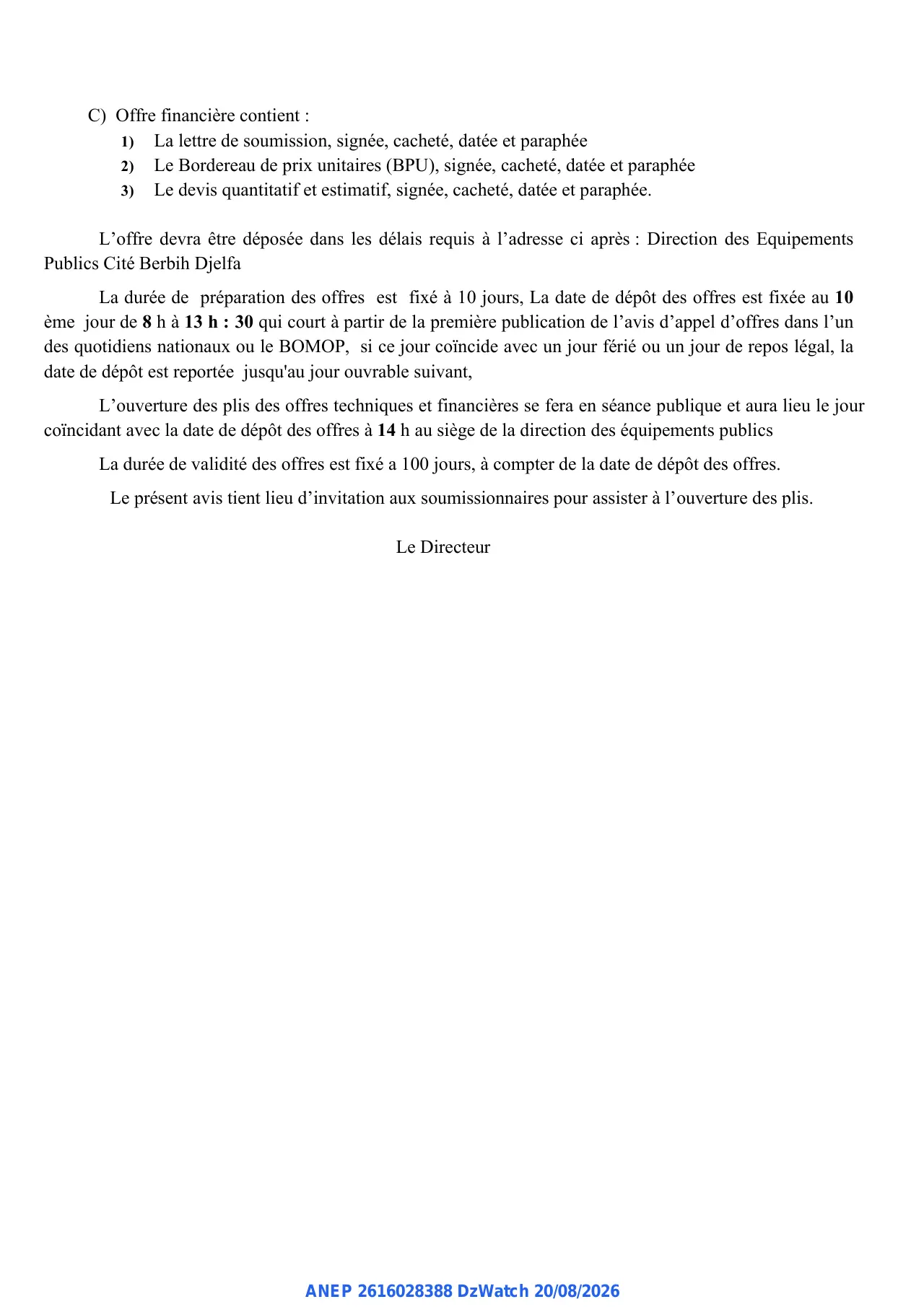 Annonce ANEP 2616028388 : AVIS D’APPEL D’OFFRES, DIRECTION DES EQUIPEMENTS PUBLICS DJELFA