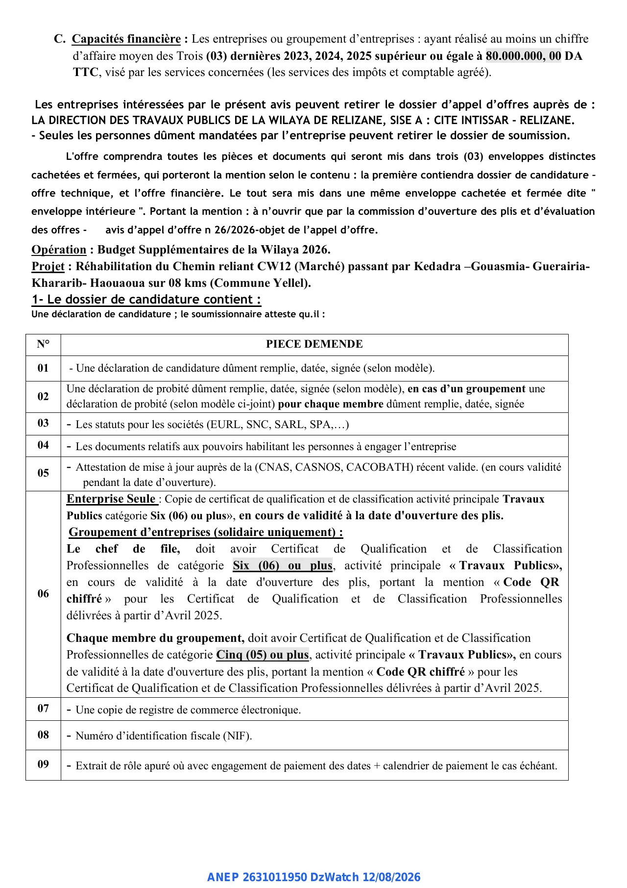 Annonce ANEP 2631011950 : Avis D’appel D’offre ouvert, Direction des travaux Publics de la Wilaya de RELIZANE