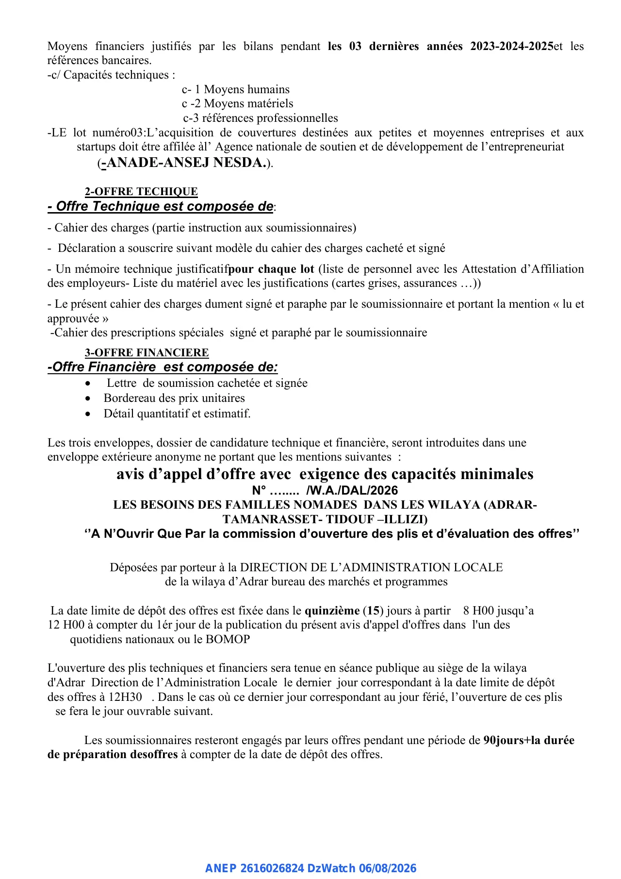 Annonce ANEP 2616026824 : AVIS D APPEL D OFFRE OUVERT AVEC EXIGENCE DES CAPACITES MINIMALES, WILAYA D'ADRAR