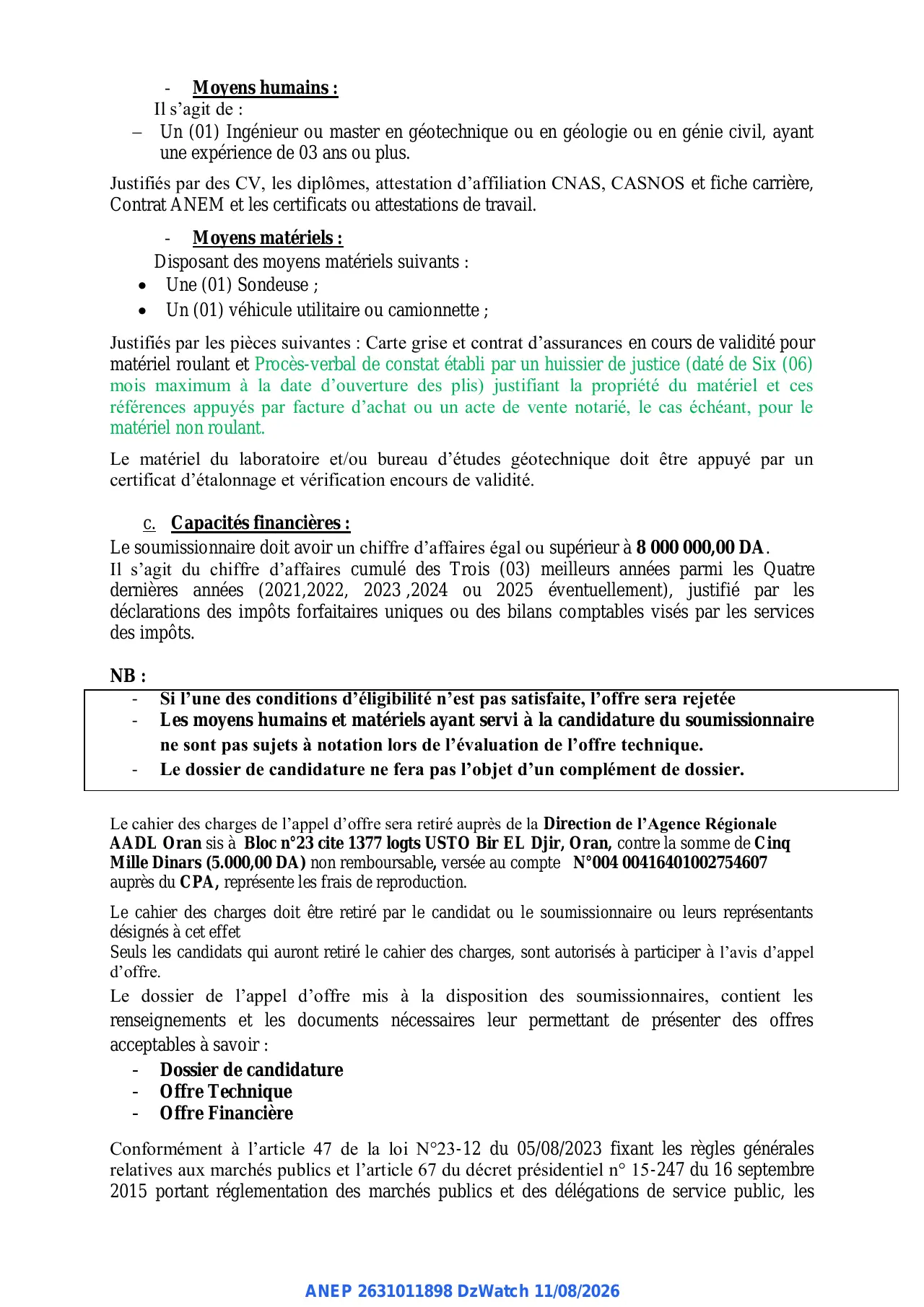 Annonce ANEP 2631011898 : AVIS D'APPEL D'OFFRE NATIONAL OUVERT AVEC EXIGENCE DE CAPACITES MINIMALES, L’AGENCENATIONALE DE L’AMELIORATION ET DU DEVELOPPEMENT DU LOGEMENT « AADL » - Direction Régionale D’ORAN