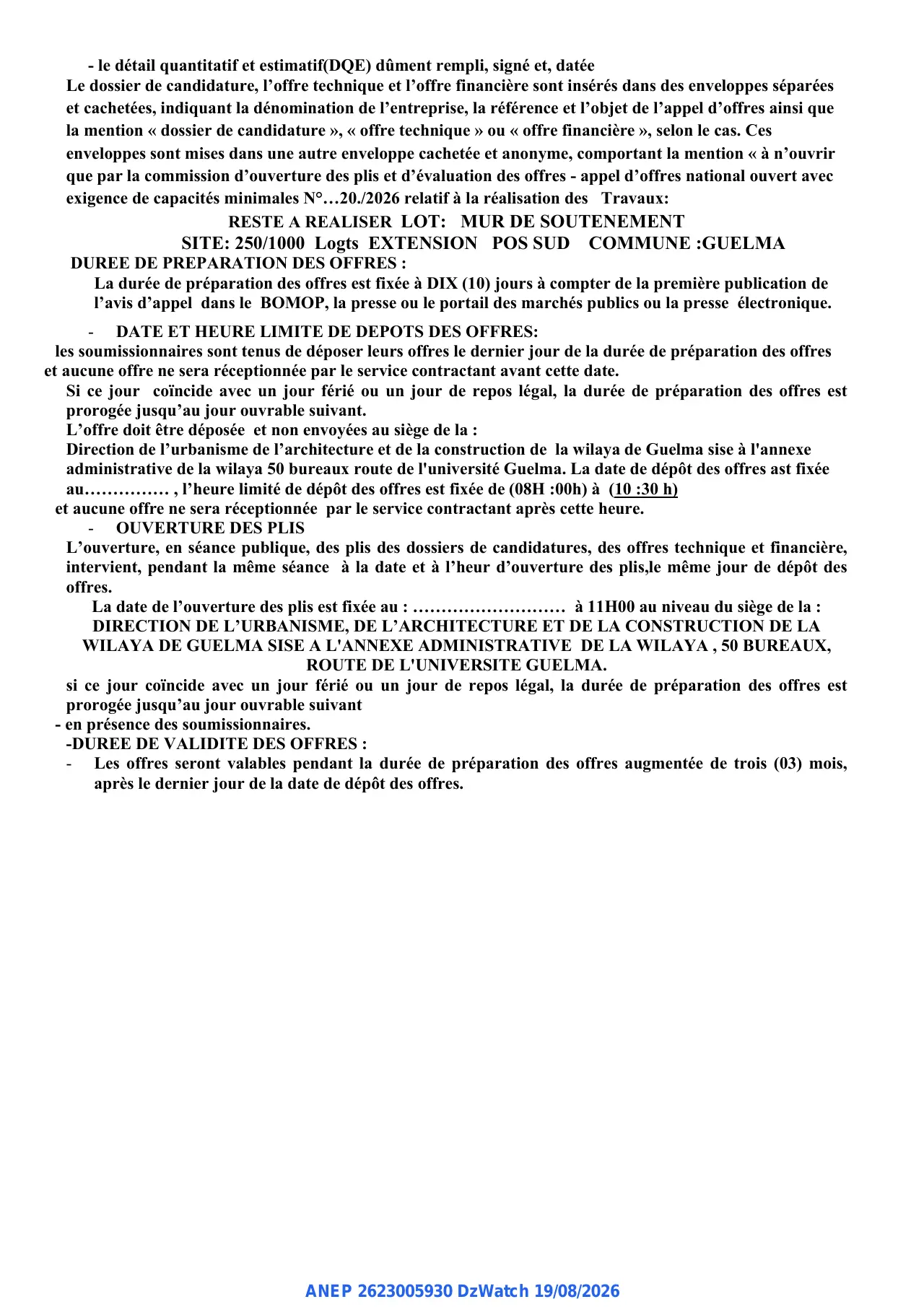 Annonce ANEP 2623005930 : AVIS D’APPEL D’OFFRES NATIONAL OUVERT, DIRECTION DE L’URBANISME, DE L’ARCHITECTURE ET DE LA CONSTRUCTION DE LA WILAYA DE GUELMA