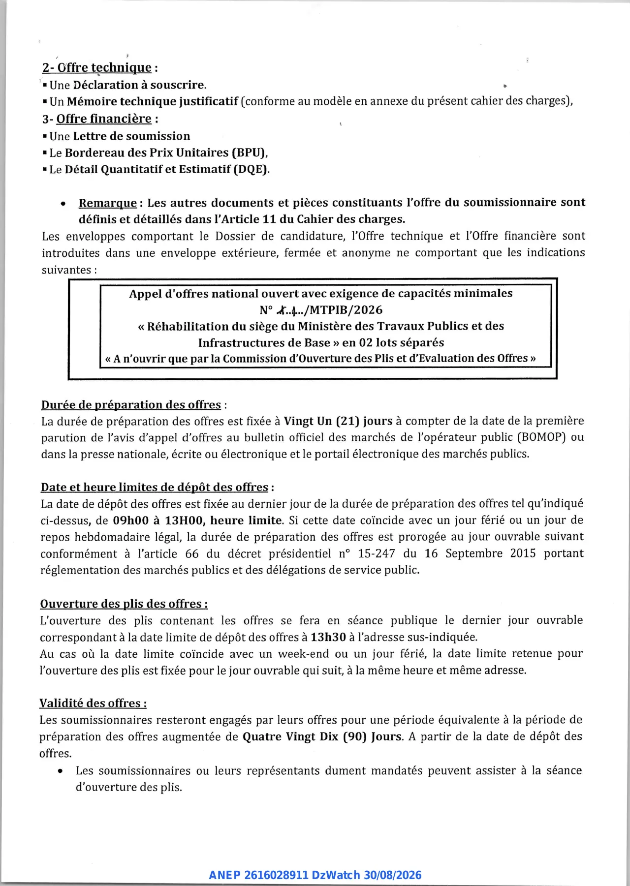 Annonce ANEP 2616028911 : AVIS D'APPEL D'OFFRES NATIONAL OUVERT AVEC EXIGENCE DE CAPACITES MINIMALES, Ministère des Travaux Publics et des Infrastructures de Base