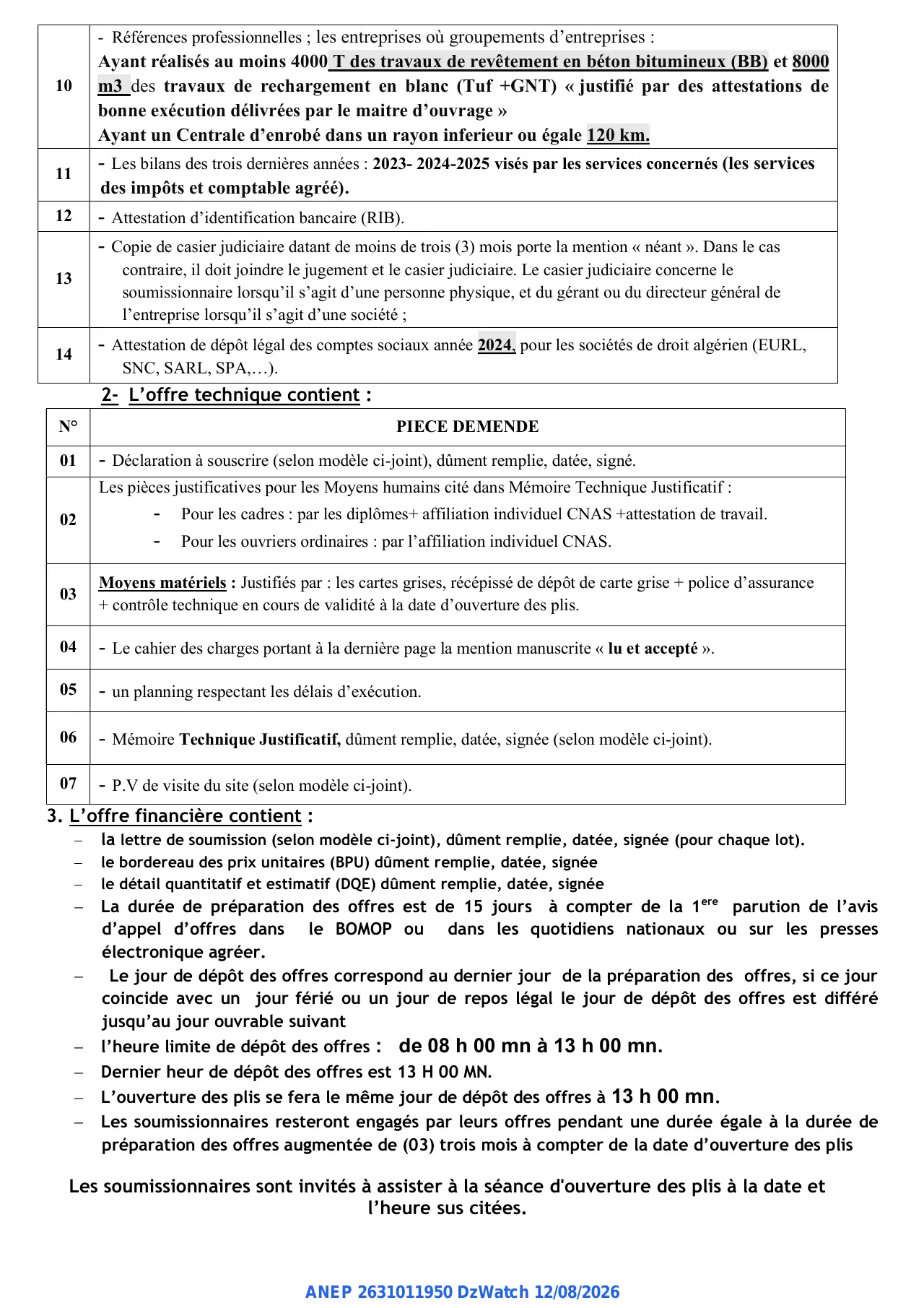 Annonce ANEP 2631011950 : Avis D’appel D’offre ouvert, Direction des travaux Publics de la Wilaya de RELIZANE