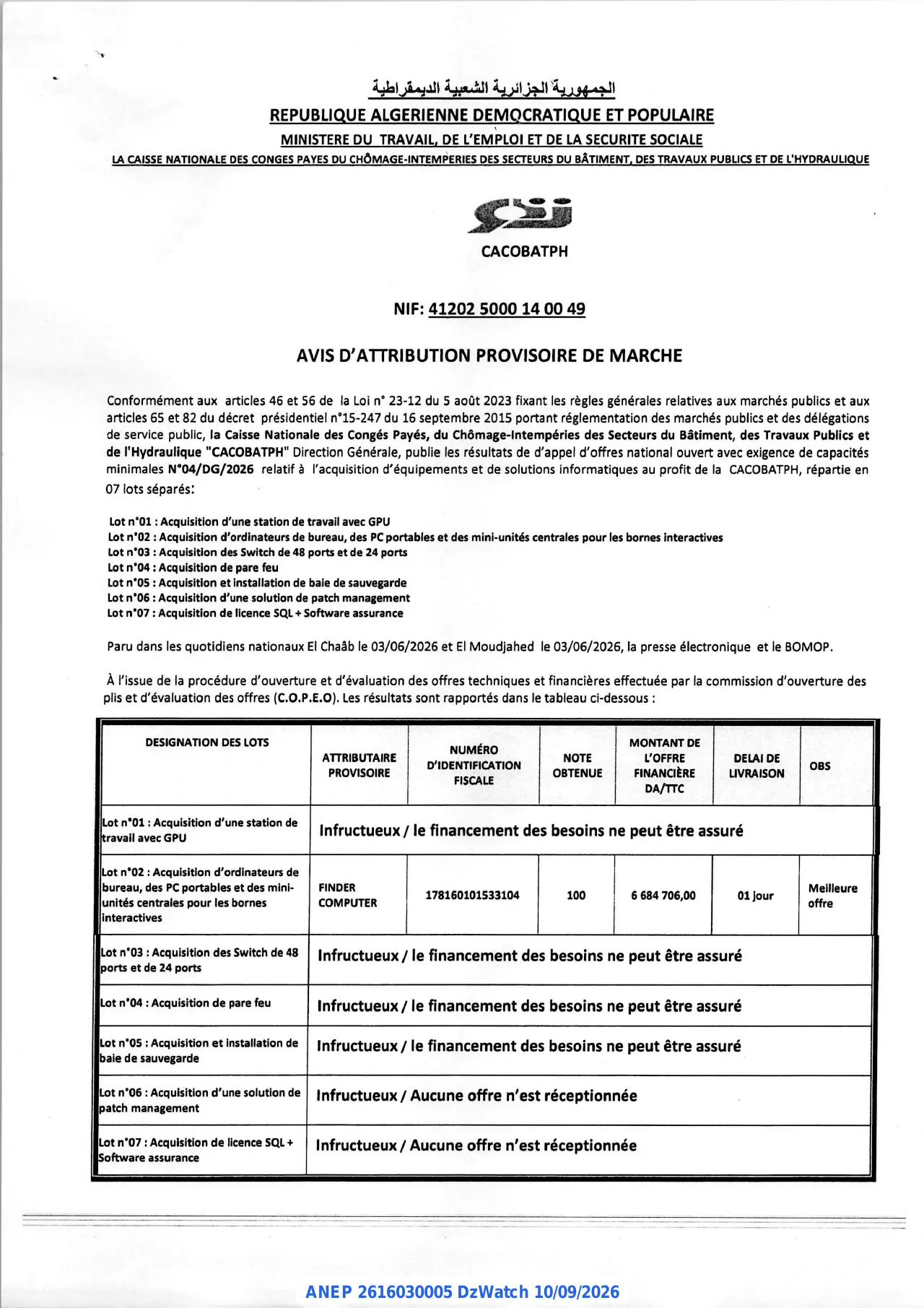 Annonce ANEP 2616030005 : AVIS D'ATTRIBUTION PROVISOIRE DE MARCHE, CACOBATPH ALGER