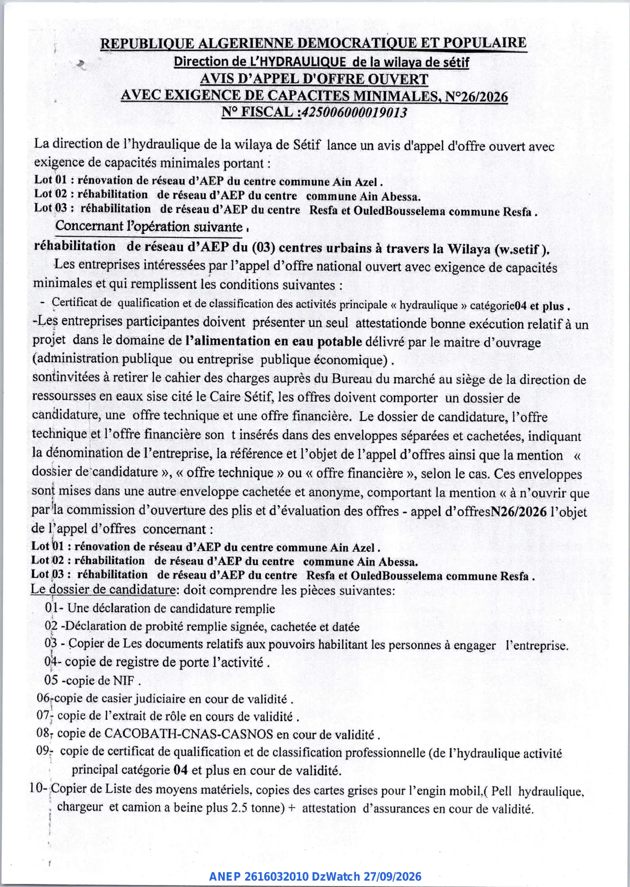 Annonce ANEP 2616032010 : AVIS D'APPEL D'OFFRE OUVERT, Direction de L'HYDRAULIQUE de la wilaya de sétif