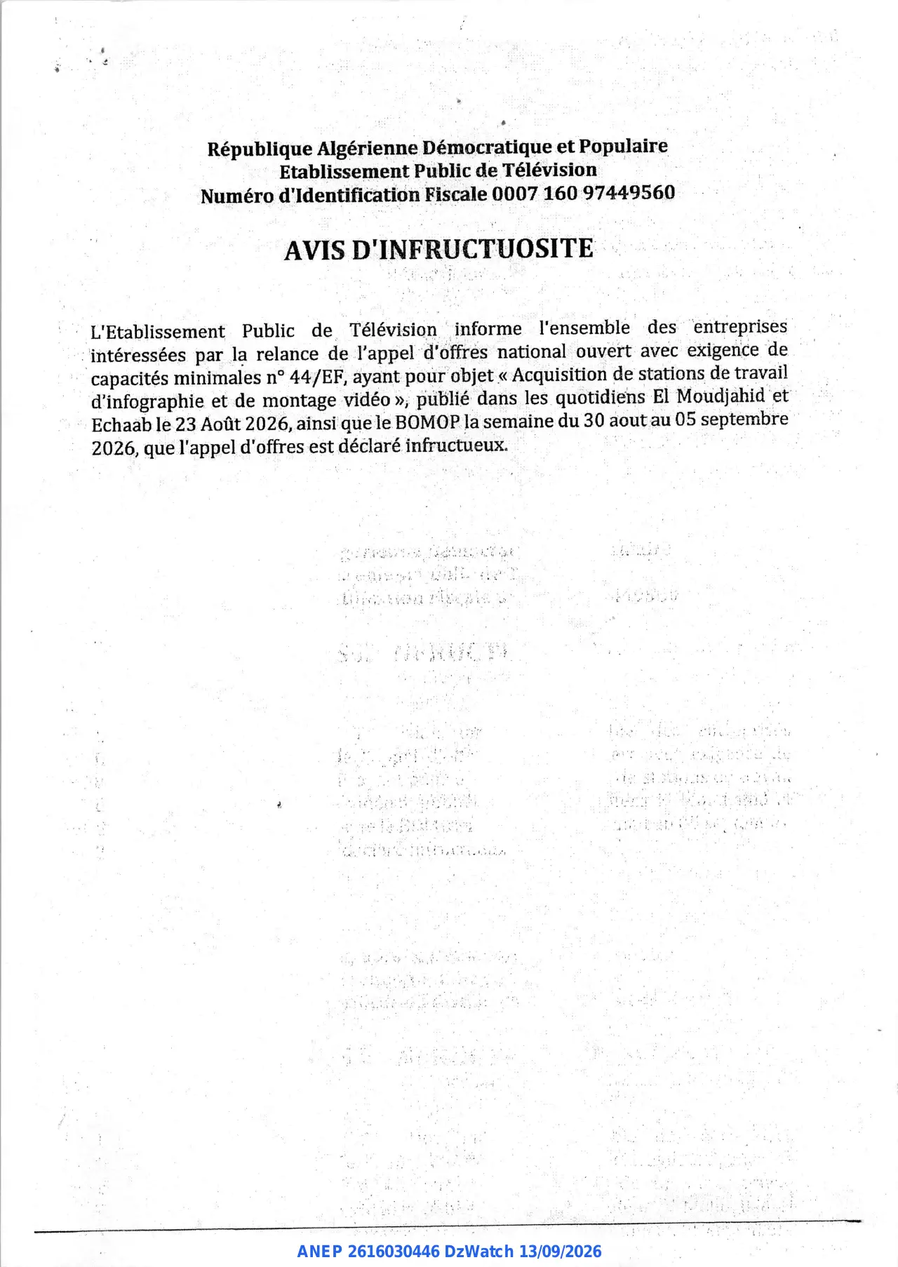 Annonce ANEP 2616030446 : AVIS D'INFRUCTUOSITE, Etablissement Public de Télévision