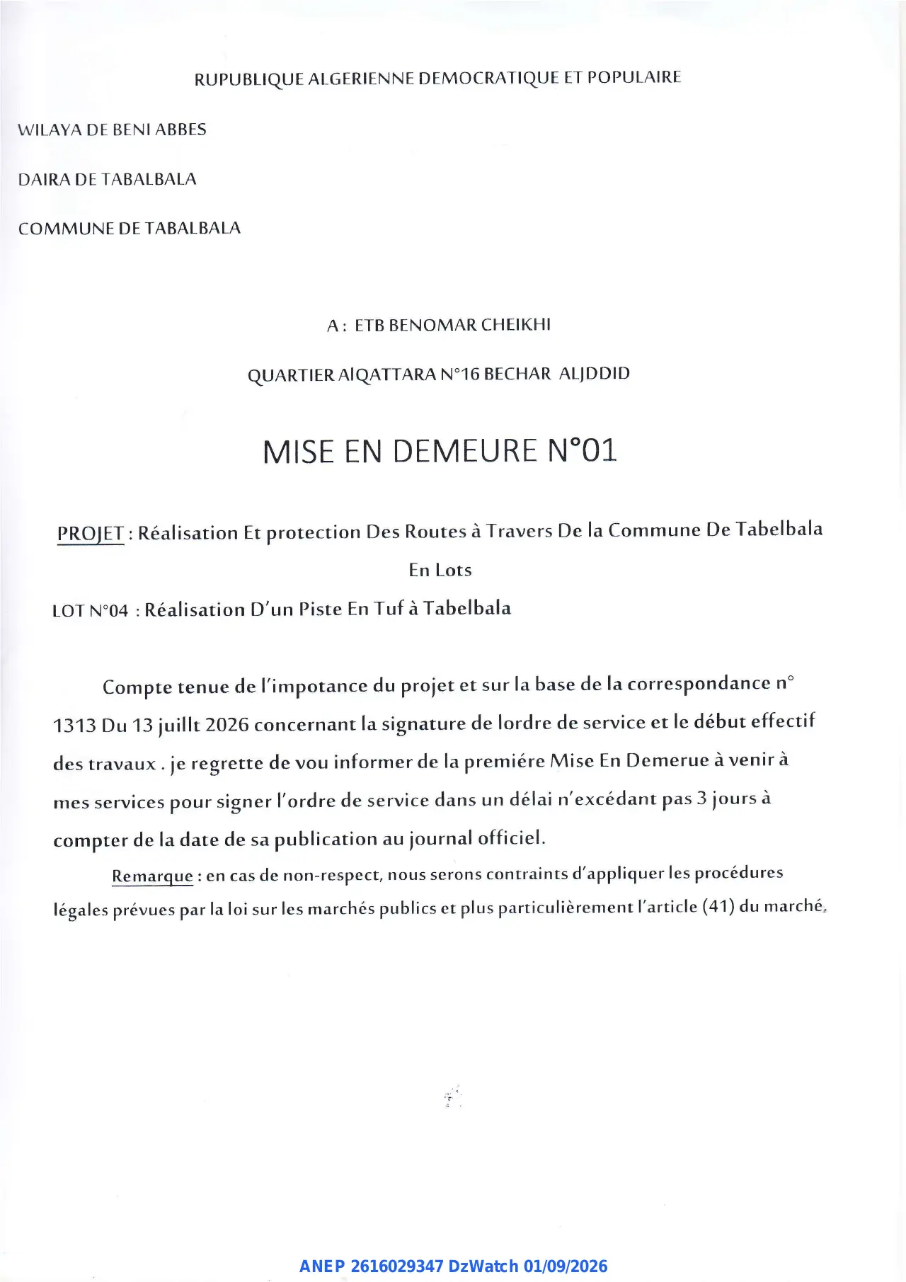 Annonce ANEP 2616029347 : MISE EN DEMEURE, COMMUNE DE TABALBALA