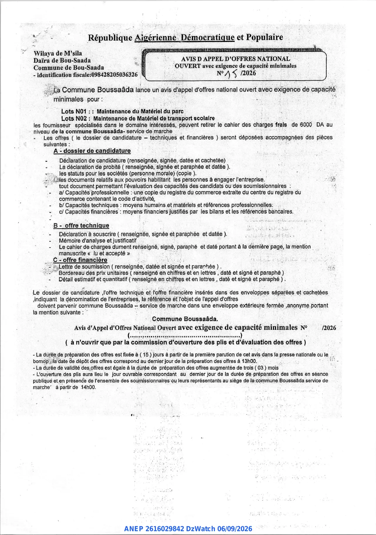 Annonce ANEP 2616029842 : AVIS D APPEL D'OFFRES NATIONAL OUVERT avec exigence de capacité minimales, Commune de Bou-Saada