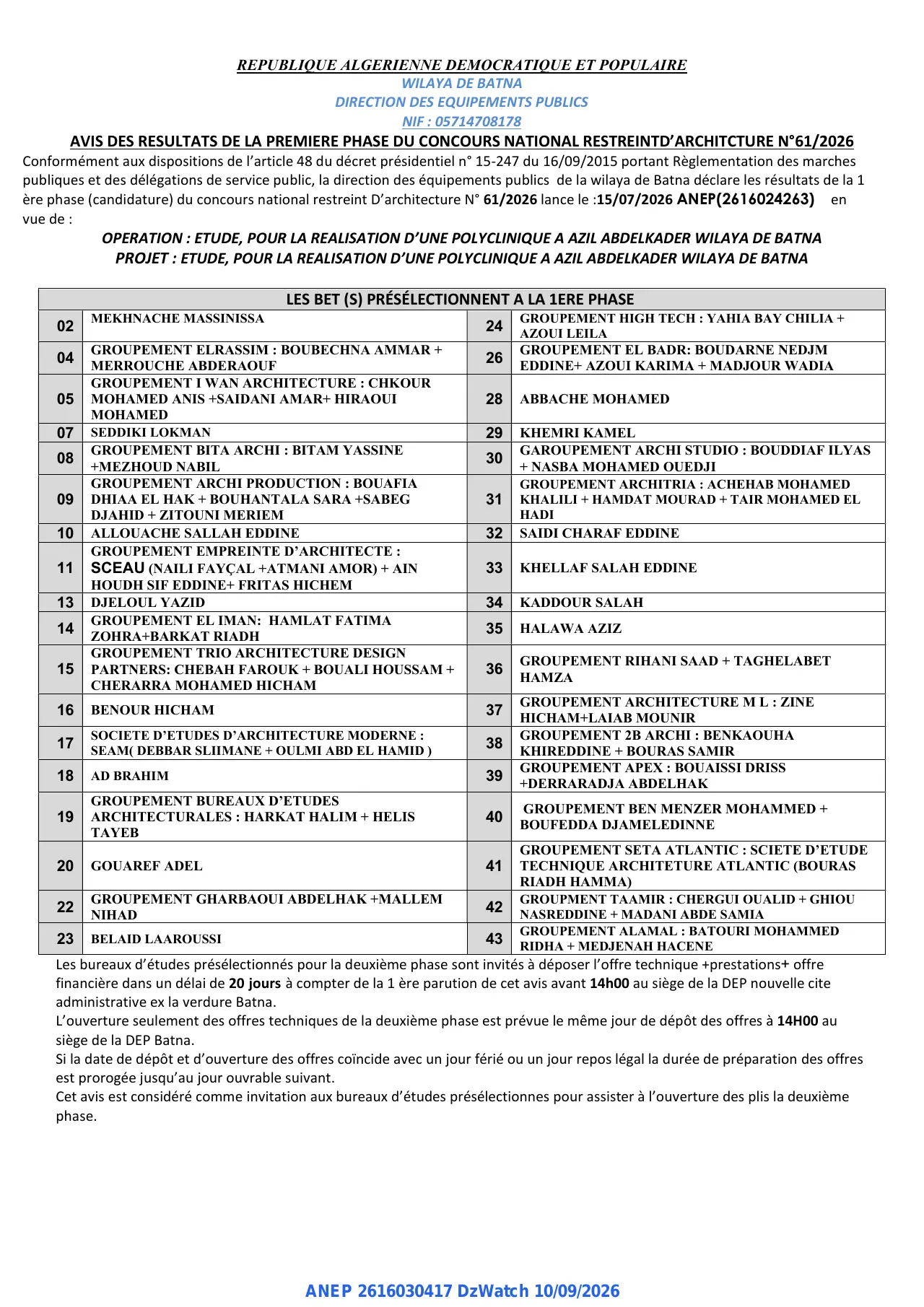 Annonce ANEP 2616030417 : AVIS DES RESULTATS, DIRECTION DES EQUIPEMENTS PUBLICS BATNA