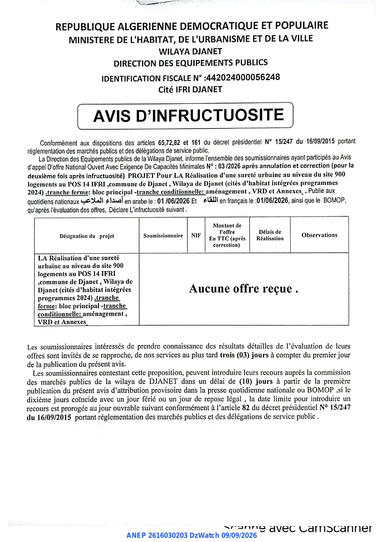 Annonce ANEP 2616030203 : AVIS D'INFRUCTUOSITE, DIRECTION DES EQUIPEMENTS PUBLICS DJANET