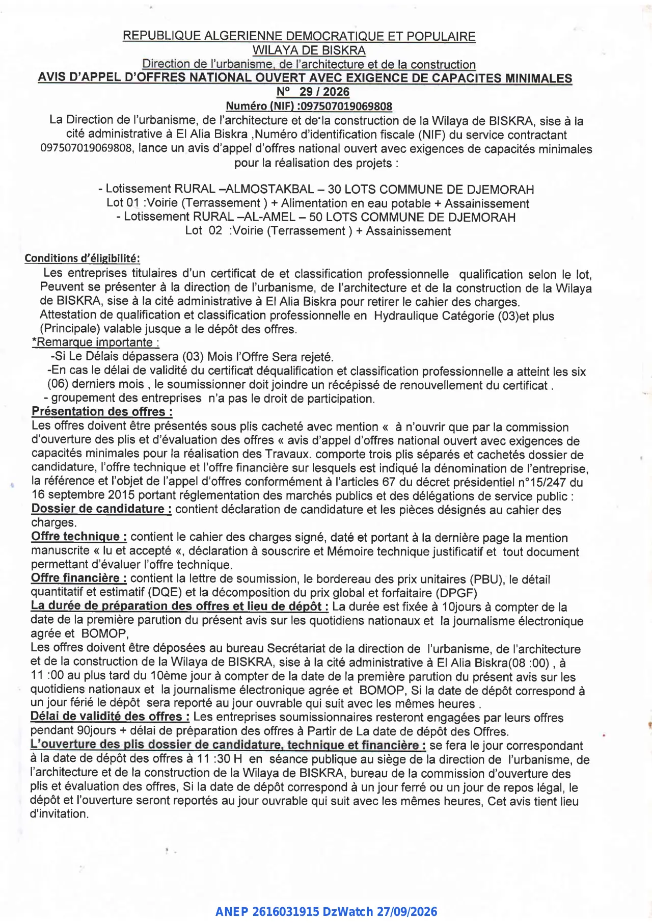 Annonce ANEP 2616031915 : AVIS D'APPEL D'OFFRES NATIONAL OUVERT AVEC EXIGENCE DE CAPACITES MINIMALES, Direction de l'urbanisme, de l'architecture et de la construction WILAYA DE BISKRA