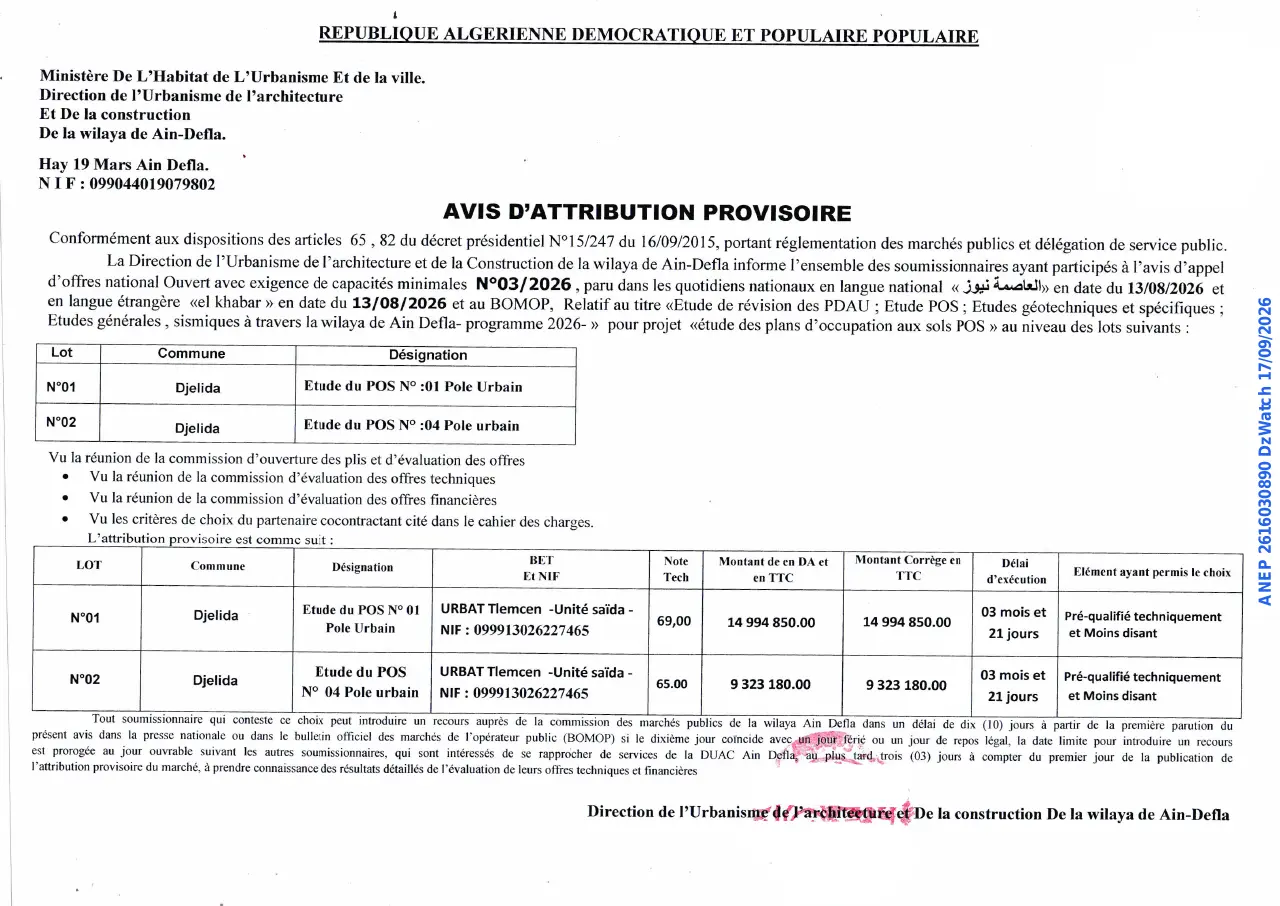 Annonce ANEP 2616030890 : AVIS D'ATTRIBUTION PROVISOIRE, Direction de l'Urbanisme de l'architecture Et De la construction De la wilaya de Ain-Defla.