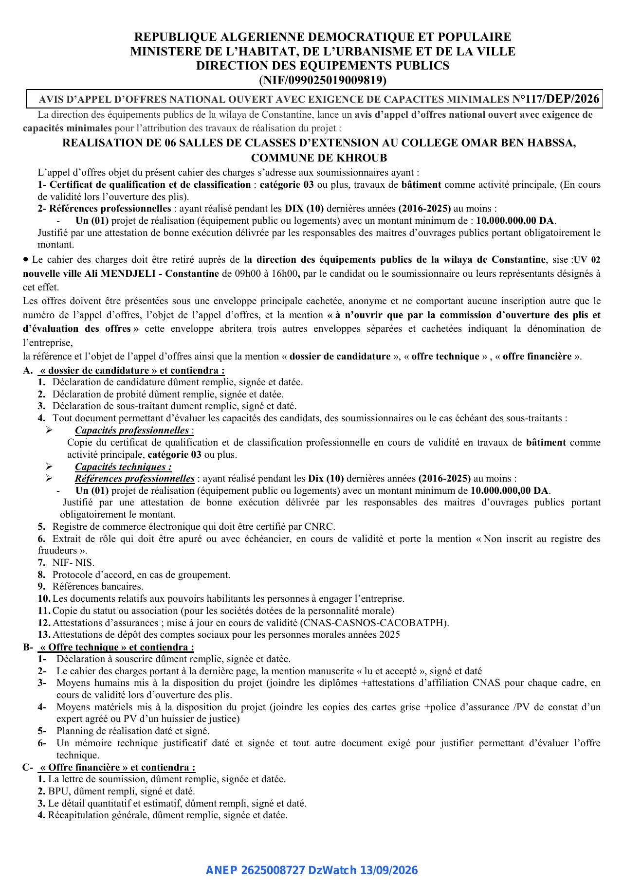 Annonce ANEP 2625008727 : AVIS D'APPEL D'OFFRES NATIONAL OUVERT, DIRECTION DES EQUIPEMENTS PUBLICS CONSTANTINE