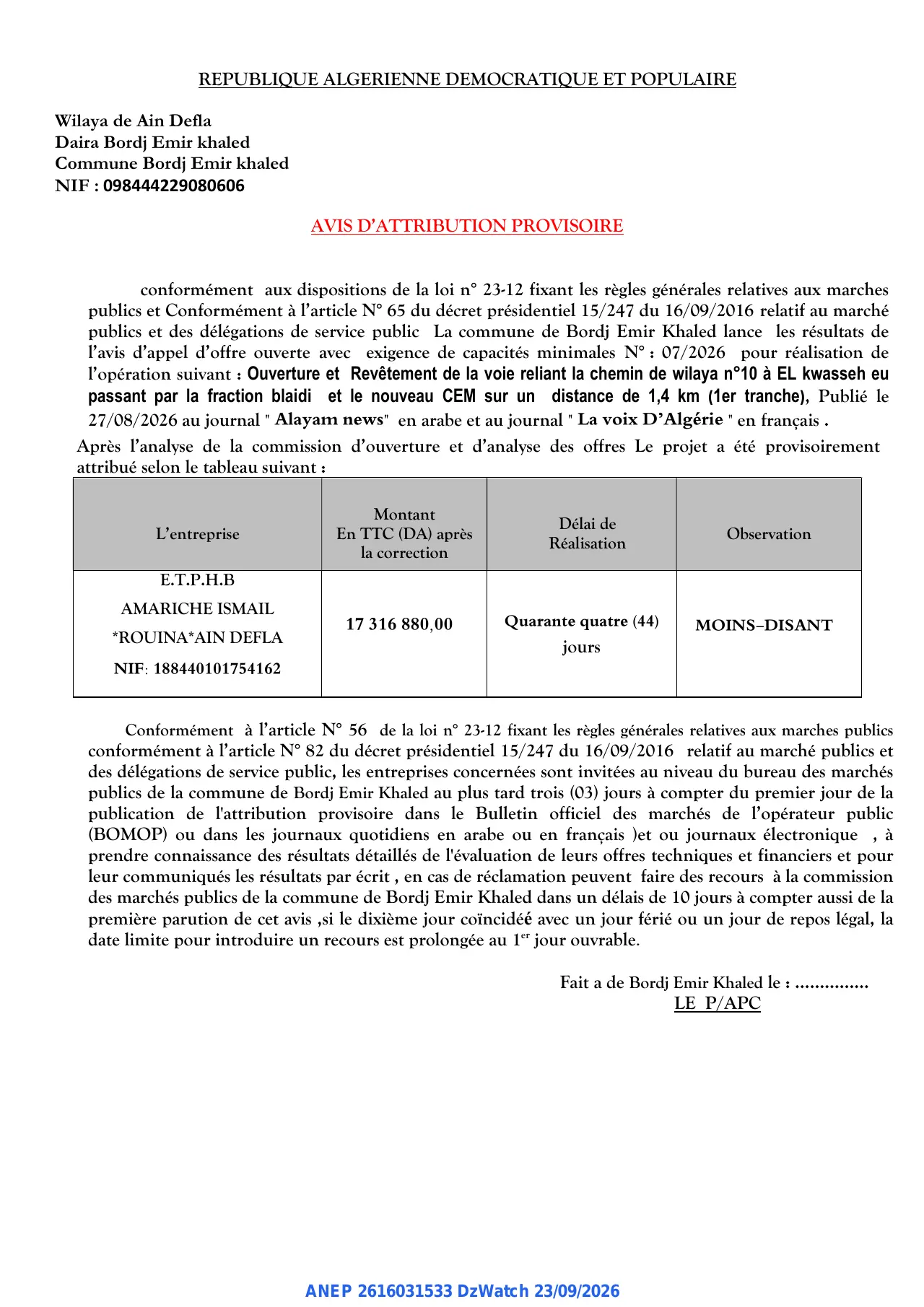 Annonce ANEP 2616031533 : AVIS D'ATTRIBUTION PROVISOIRE, Commune Bordj Emir khaled