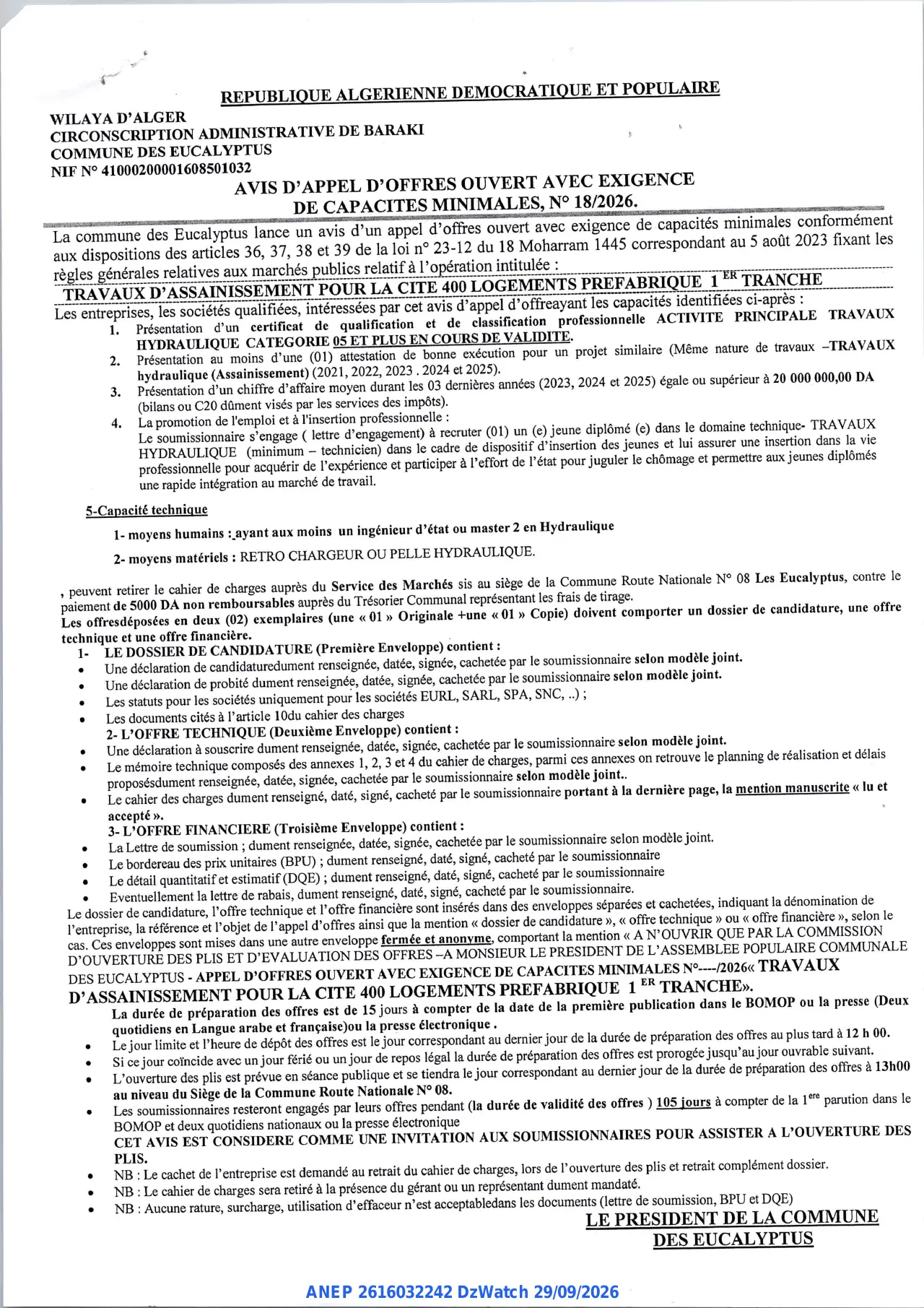 Annonce ANEP 2616032242 : AVIS D'APPEL D'OFFRES OUVERT AVEC EXIGENCE DE CAPACITES MINIMALES, COMMUNE DES EUCALYPTUS