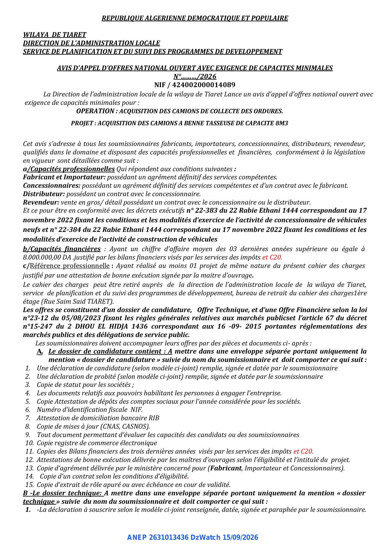 Annonce ANEP 2631013436 : AVIS D'APPEL D'OFFRES NATIONAL OUVERT AVEC EXIGENCE DE CAPACITES MINIMALES, WILAYA DE TIARET
