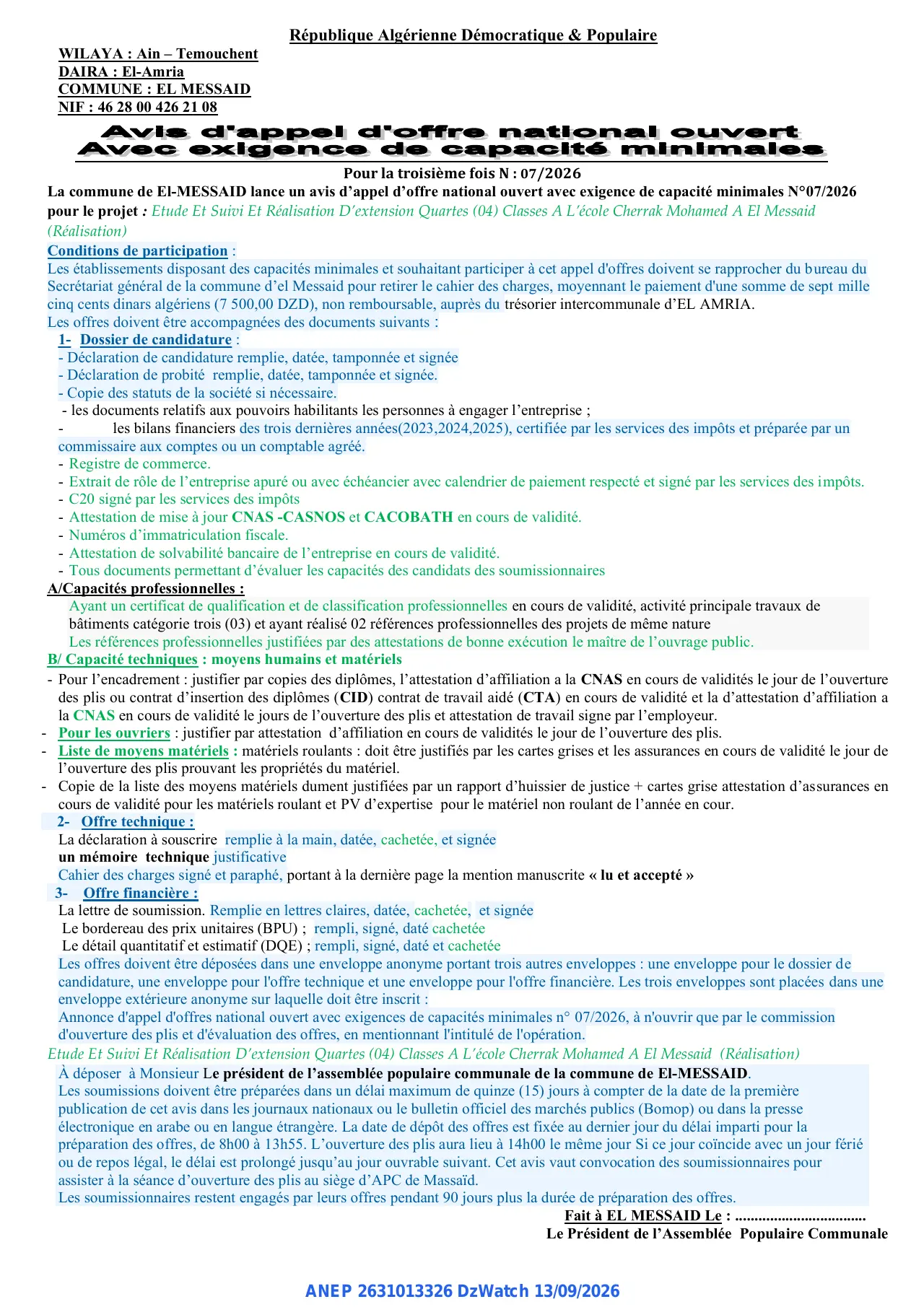 Annonce ANEP 2631013326 : Avis d'appel d'offre national ouvert, COMMUNE: EL MESSAID