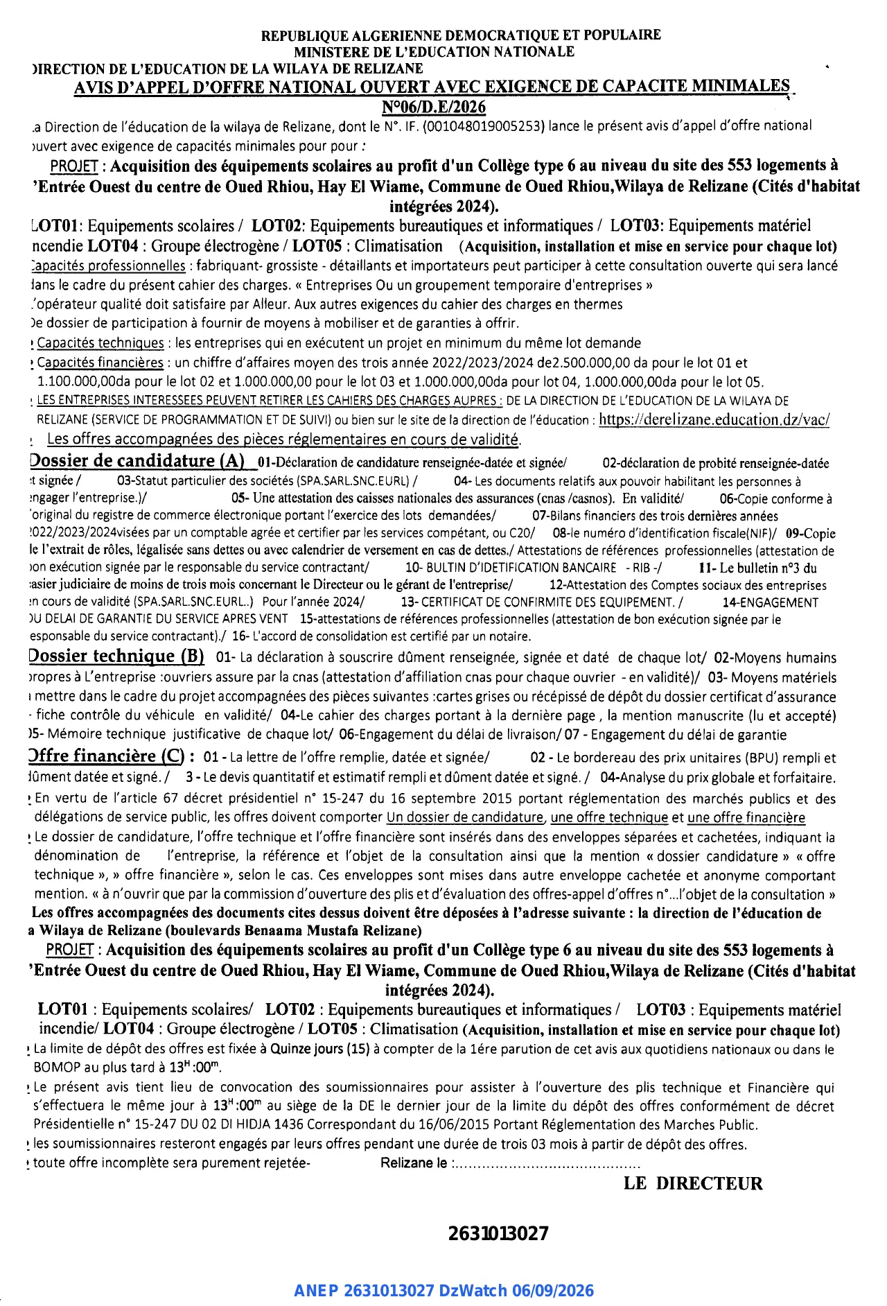 Annonce ANEP 2631013027 : AVIS D'APPEL D'OFFRE NATIONAL OUVERT AVEC EXIGENCE DE CAPACITE MINIMALES, DIRECTION DE L'EDUCATION DE LA WILAYA DE RELIZANE