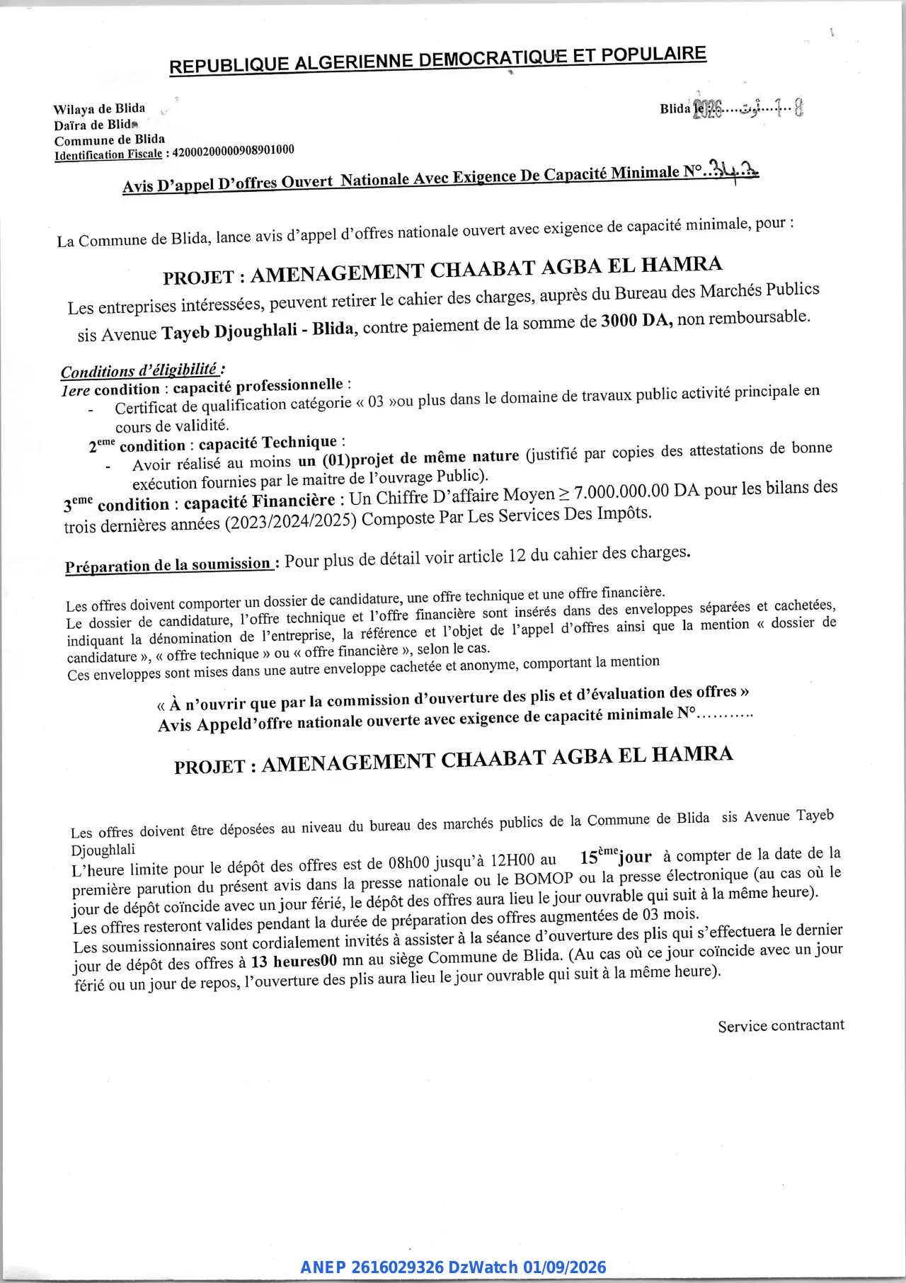 Annonce ANEP 2616029326 : Avis D'appel D'offres Ouvert Nationale Avec Exigence De Capacité Minimale, Commune de Blida