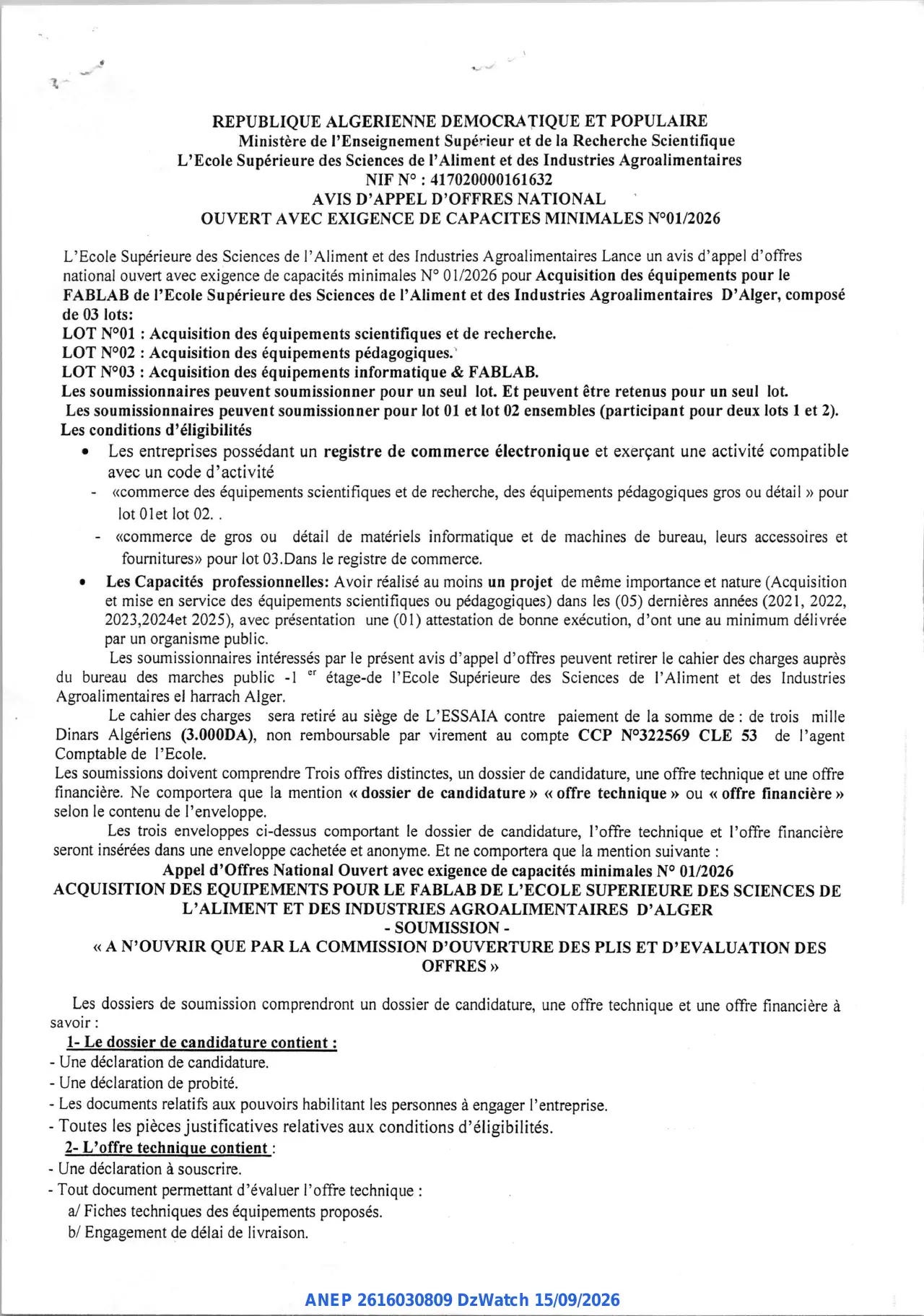 Annonce ANEP 2616030809 : AVIS D'APPEL D'OFFRES NATIONAL, L'Ecole Supérieure des Sciences de l'Aliment et des Industries Agroalimentaires