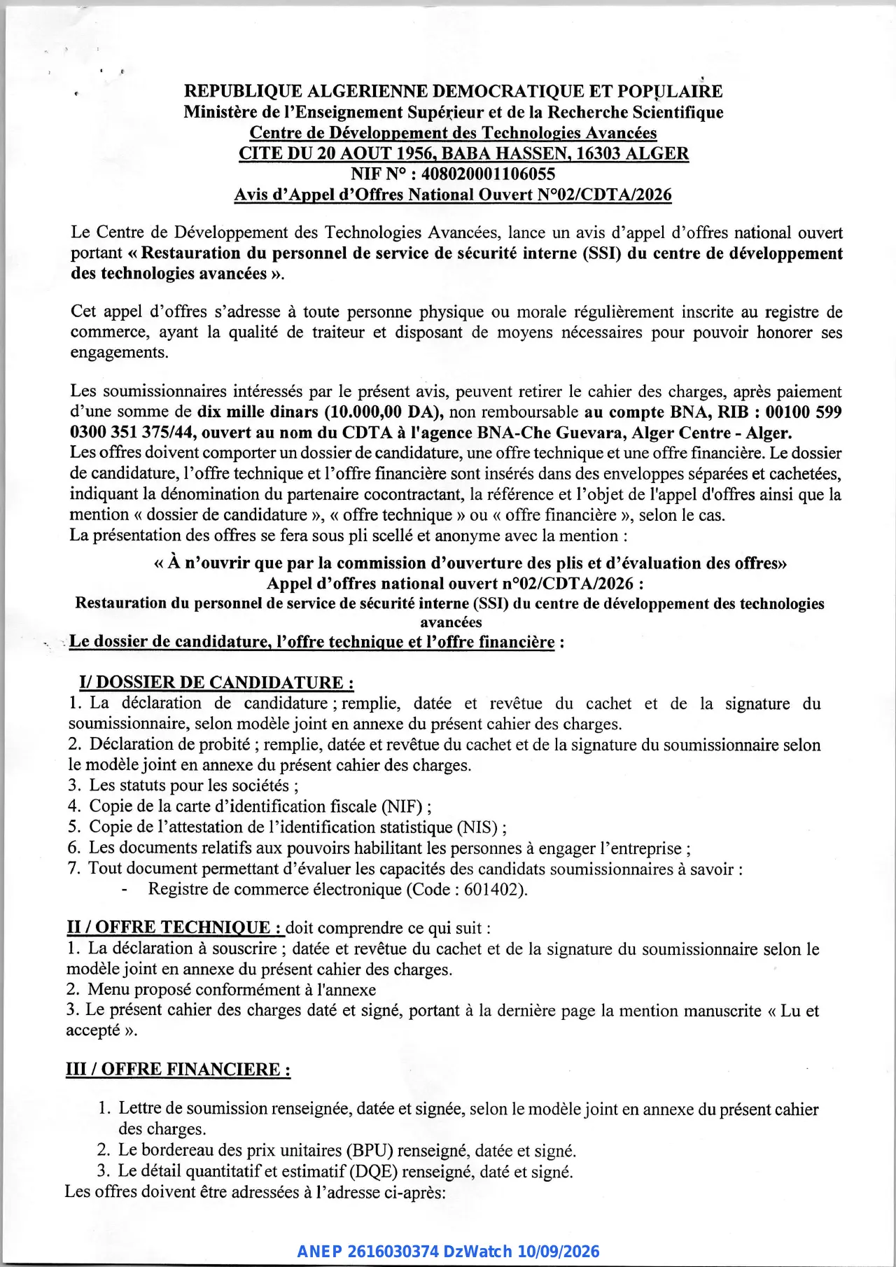 Annonce ANEP 2616030374 : Avis d'Appel d'Offres National Ouvert, Centre de Développement des Technologies Avancées