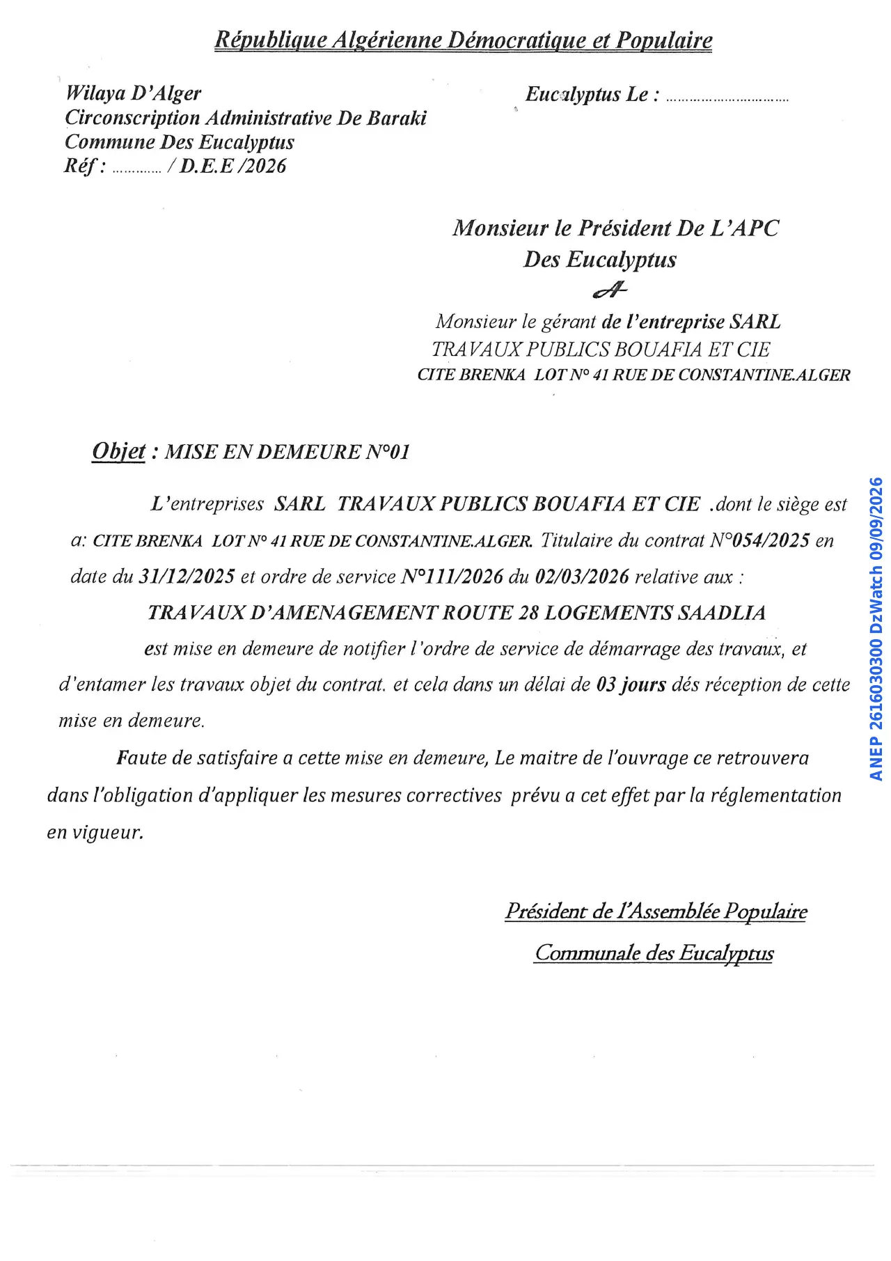 Annonce ANEP 2616030300 : MISE EN DEMEURE, Commune Des Eucalyptus
