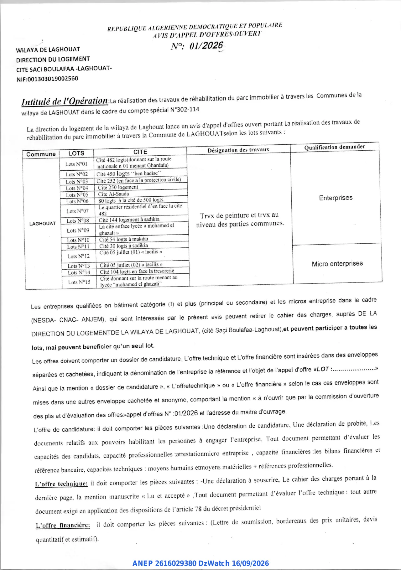 Annonce ANEP 2616029380 : AVIS D'APPEL D'OFFRES OUVERT, DIRECTION DU LOGEMENT WILAYA DE LAGHOUAT