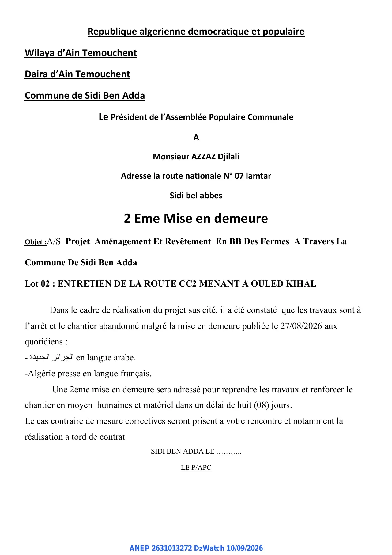 Annonce ANEP 2631013272 : 2 Eme Mise en demeure, Commune de Sidi Ben Adda
