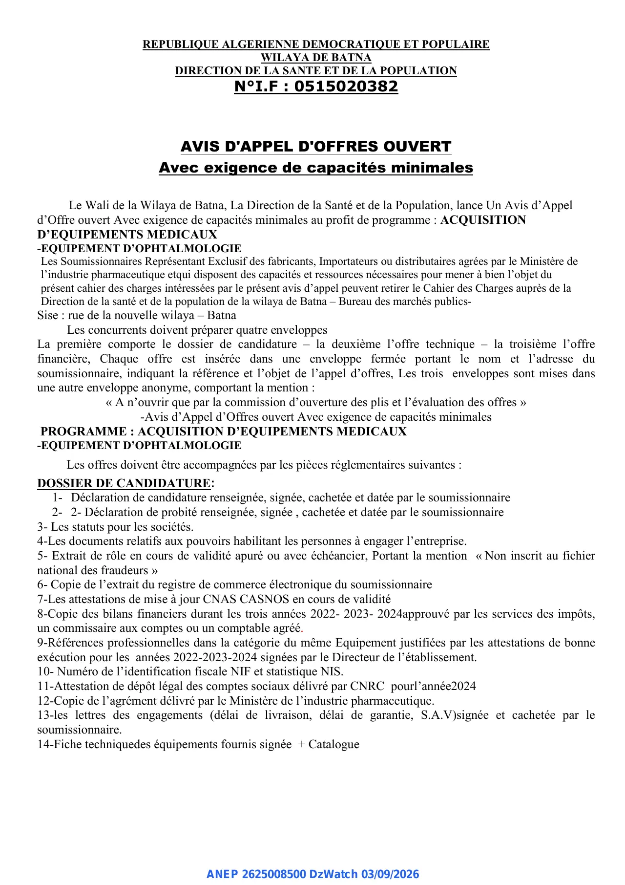 Annonce ANEP 2625008500 : AVIS D'APPEL D'OFFRES OUVERT, WILAYA DE BATNA DIRECTION DE LA SANTE ET DE LA POPULATION