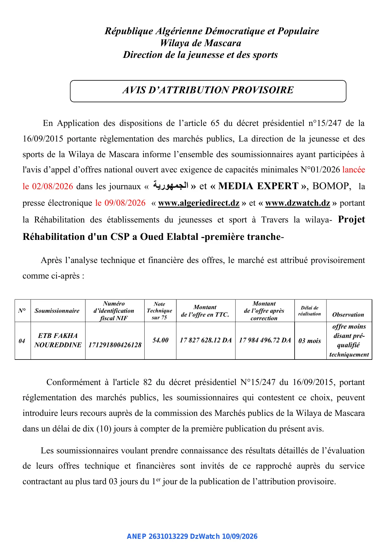 Annonce ANEP 2631013229 : AVIS D'ATTRIBUTION PROVISOIRE, Wilaya de Mascara Direction de la jeunesse et des sports