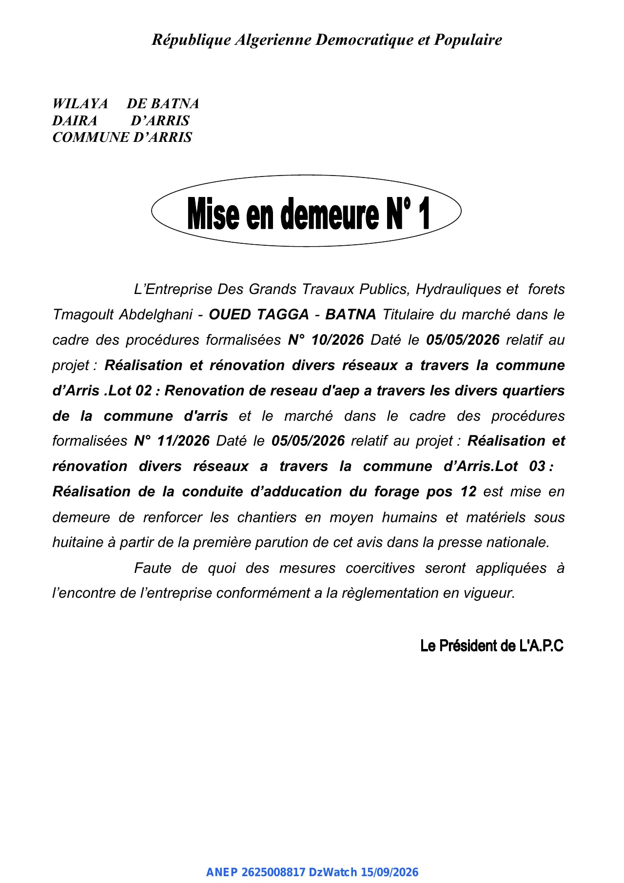 Annonce ANEP 2625008817 : Mise en demeure, COMMUNE D'ARRIS