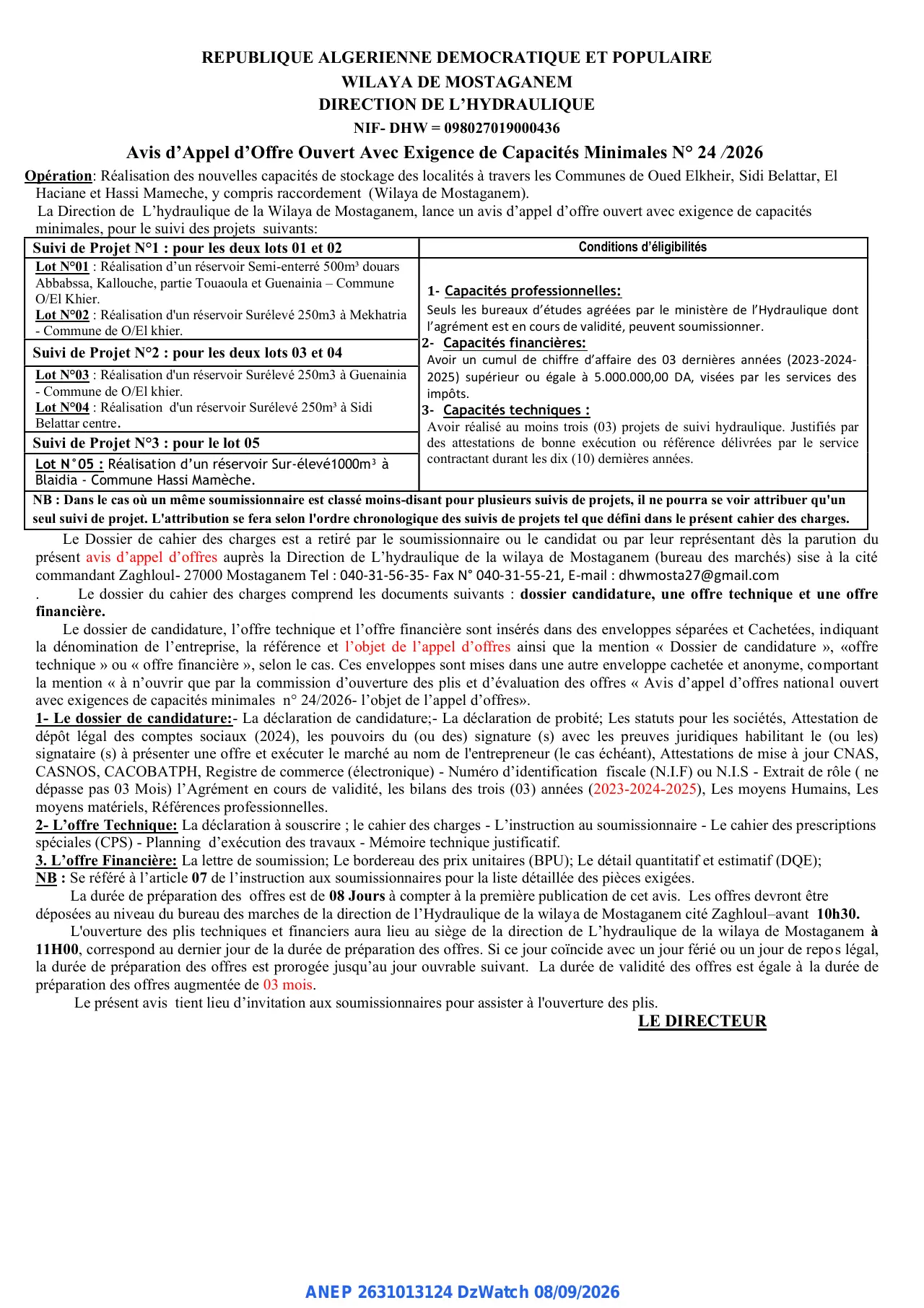 Annonce ANEP 2631013124 : Avis d'Appel d'Offre Ouvert Avec Exigence de Capacités Minimales, WILAYA DE MOSTAGANEM DIRECTION DE L'HYDRAULIQUE