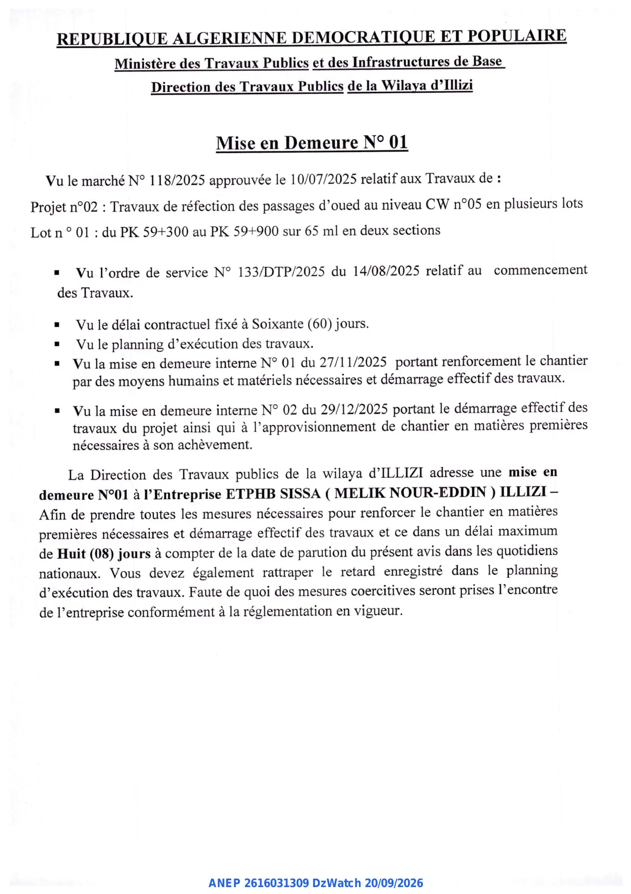 Annonce ANEP 2616031309 : Mise en Demeure, Direction des Travaux Publics de la Wilaya d'Illizi