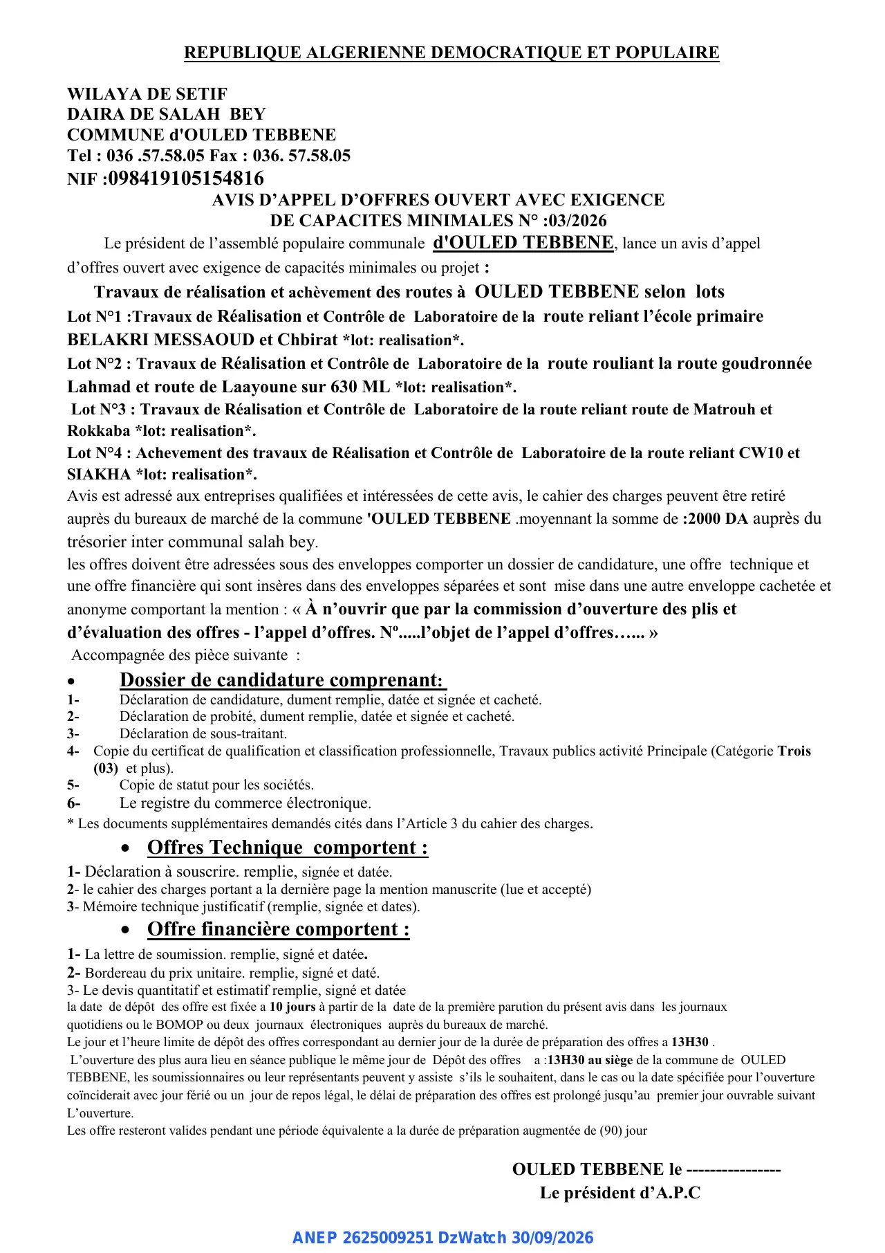 Annonce ANEP 2625009251 : AVIS D'APPEL D'OFFRES OUVERT, COMMUNE d'OULED TEBBENE