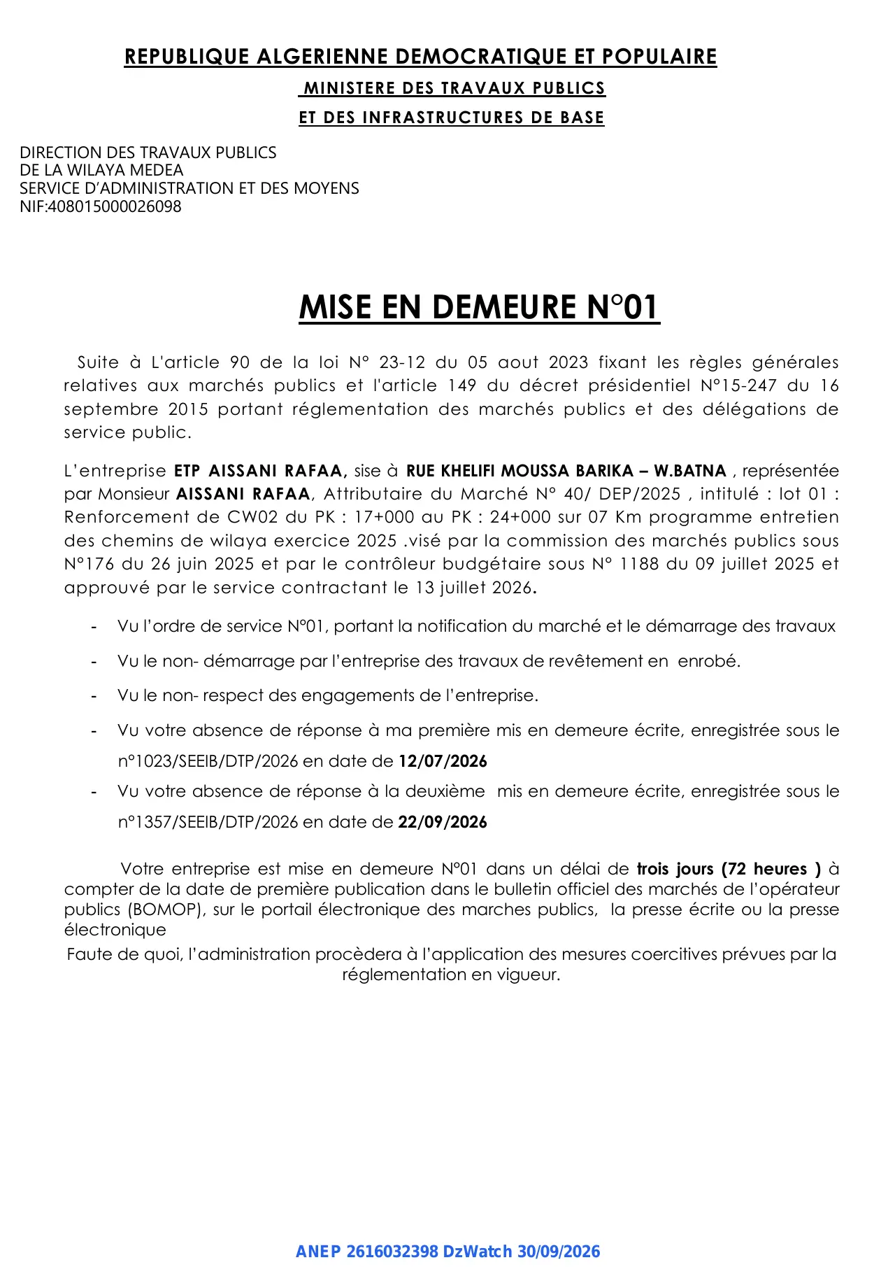 Annonce ANEP 2616032398 : MISE EN DEMEURE, DIRECTION DES TRAVAUX PUBLICS DE LA WILAYA MEDEA