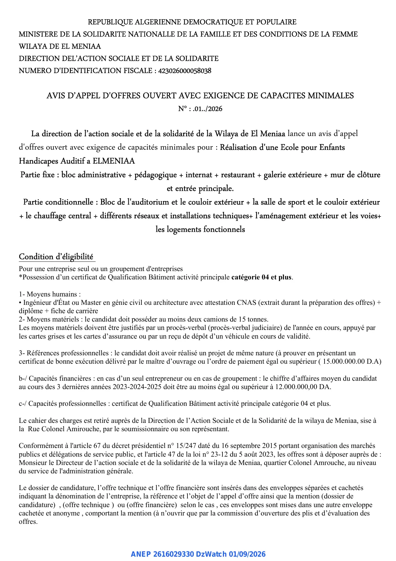 Annonce ANEP 2616029330 : AVIS D'APPEL D'OFFRES OUVERT AVEC EXIGENCE DE CAPACITES MINIMALES, La direction de l'action sociale et de la solidarité de la Wilaya de El Meniaa