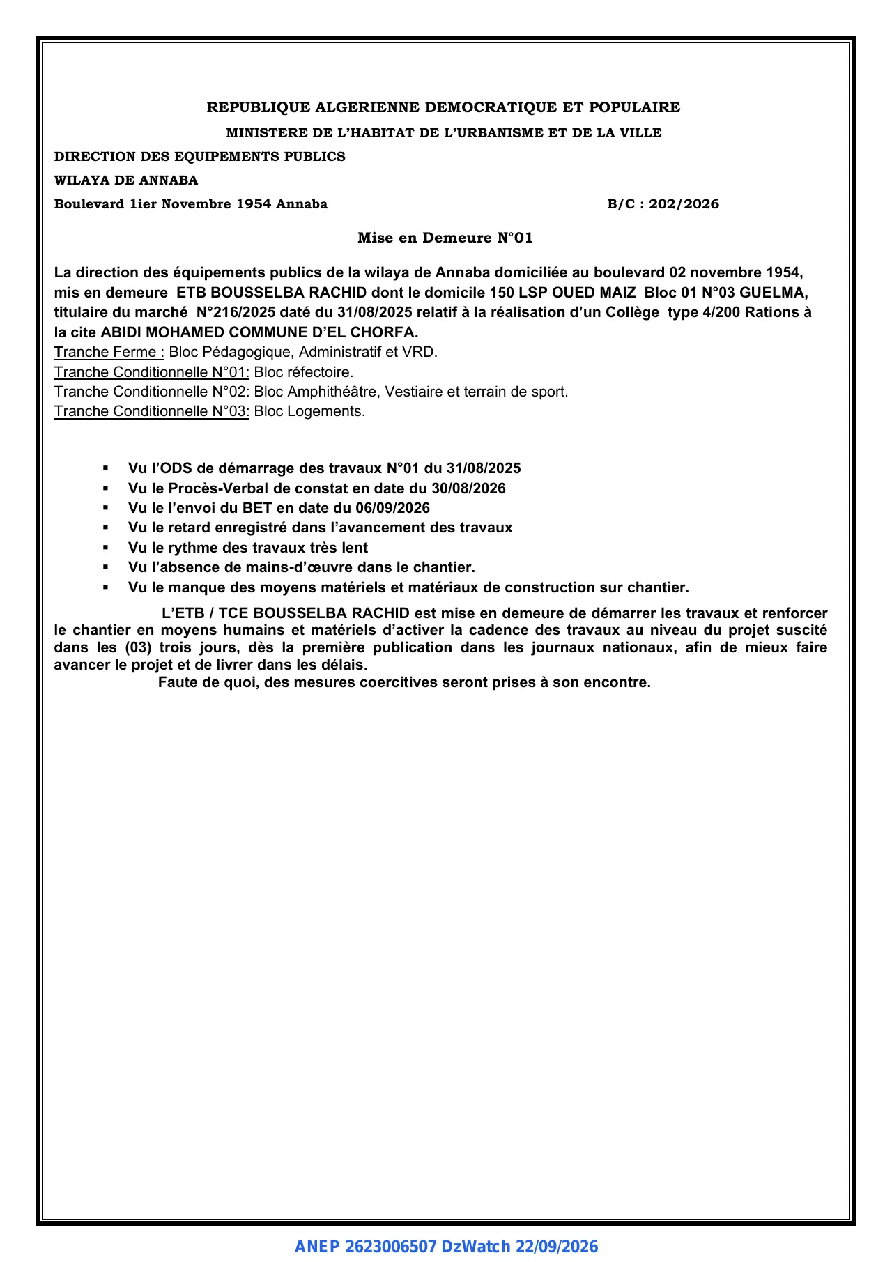 Annonce ANEP 2623006507 : Mise en Demeure N°01, DIRECTION DES EQUIPEMENTS PUBLICS WILAYA DE ANNABA