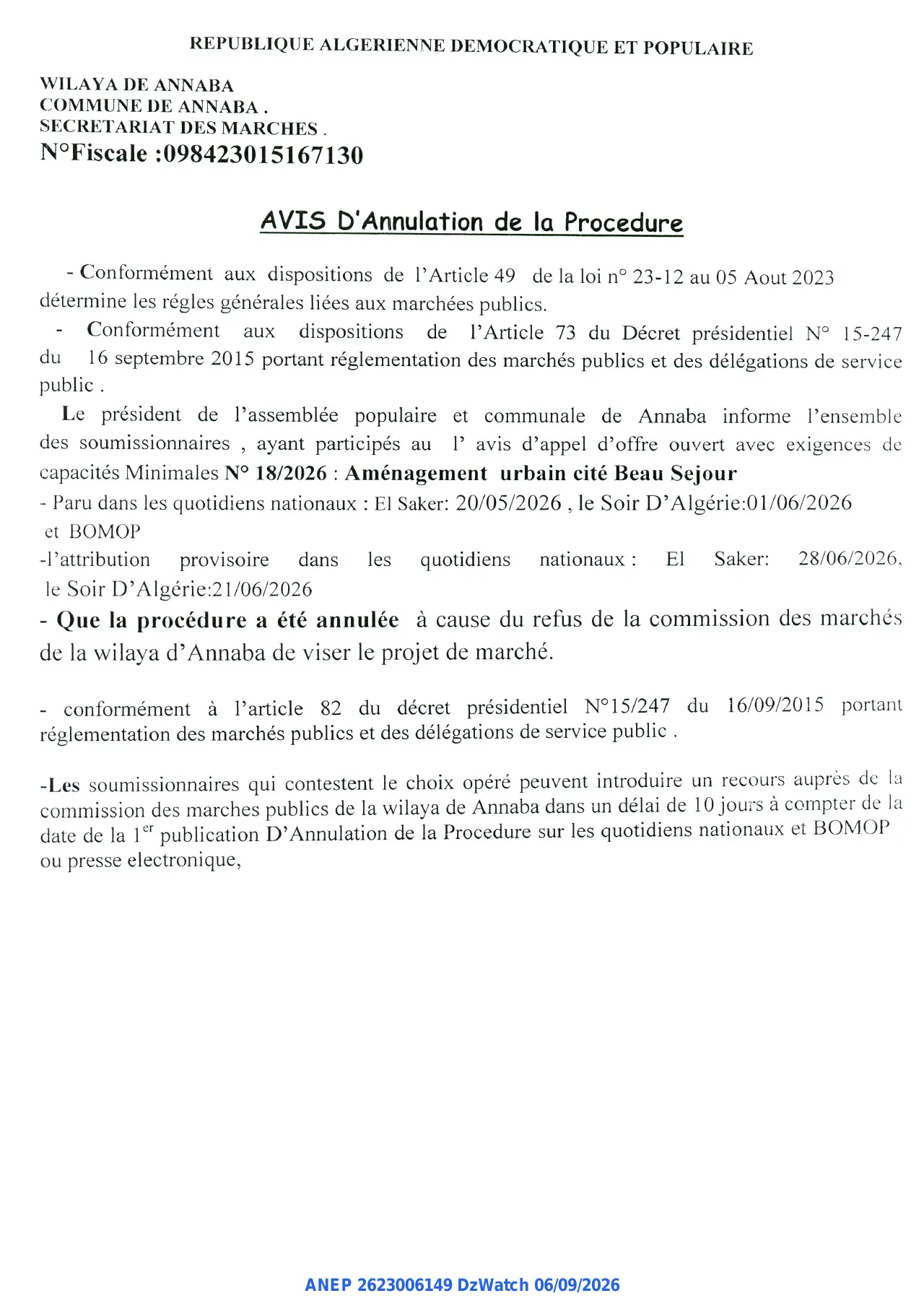 Annonce ANEP 2623006149 : AVIS D'Annulation de la Procedure, COMMUNE DE ANNABA.