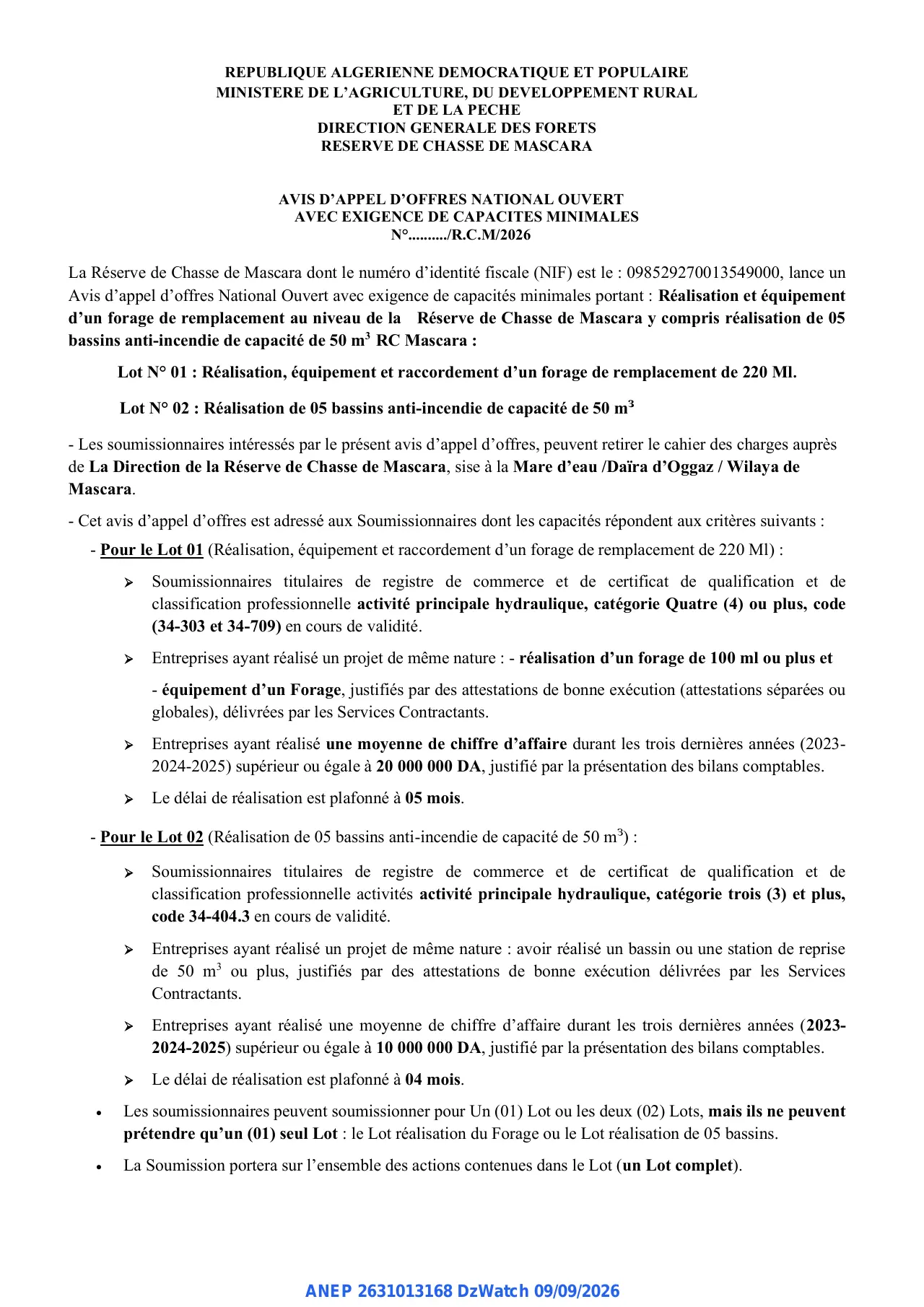 Annonce ANEP 2631013168 : AVIS D'APPEL D'OFFRES NATIONAL OUVERT, RESERVE DE CHASSE DE MASCARA