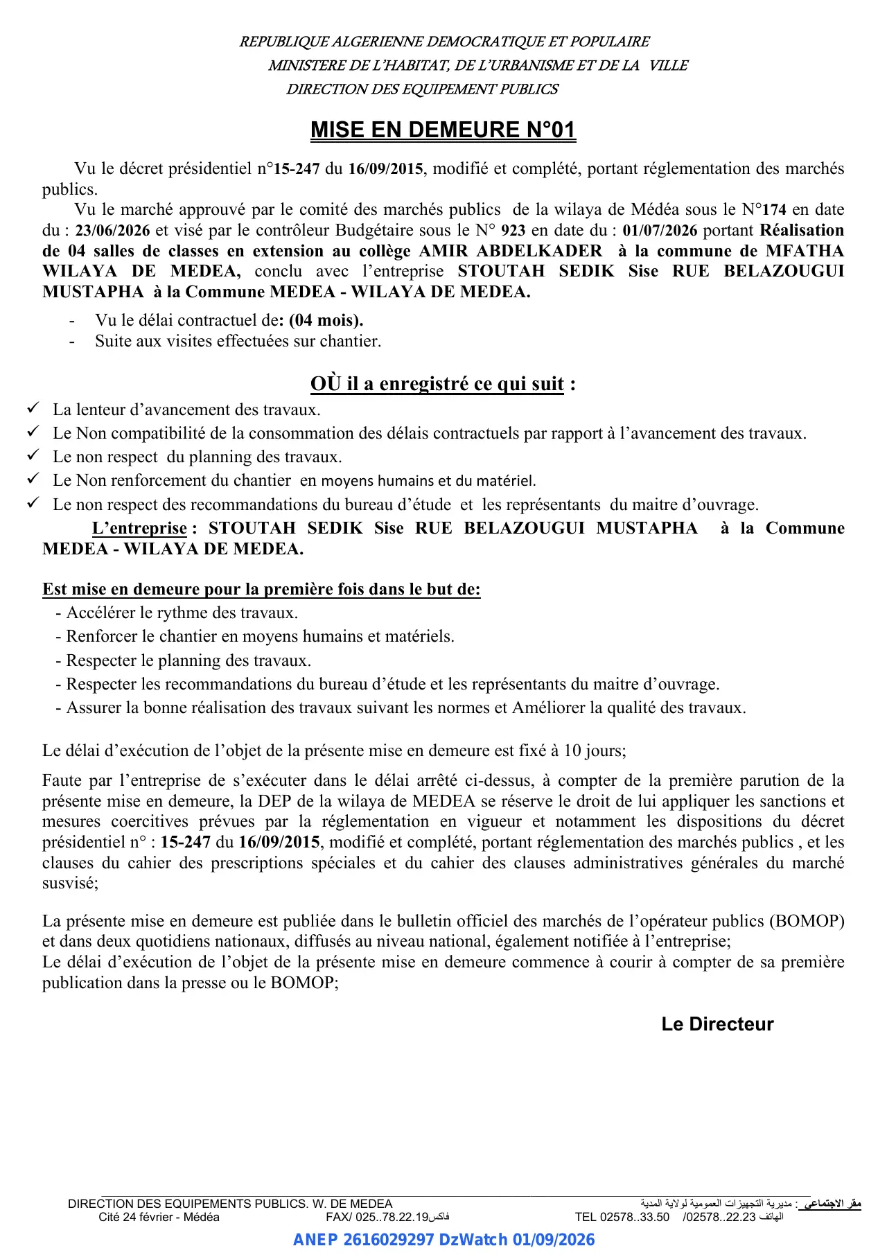 Annonce ANEP 2616029297 : MISE EN DEMEURE, DIRECTION DES EQUIPEMENTS PUBLICS MEDEA
