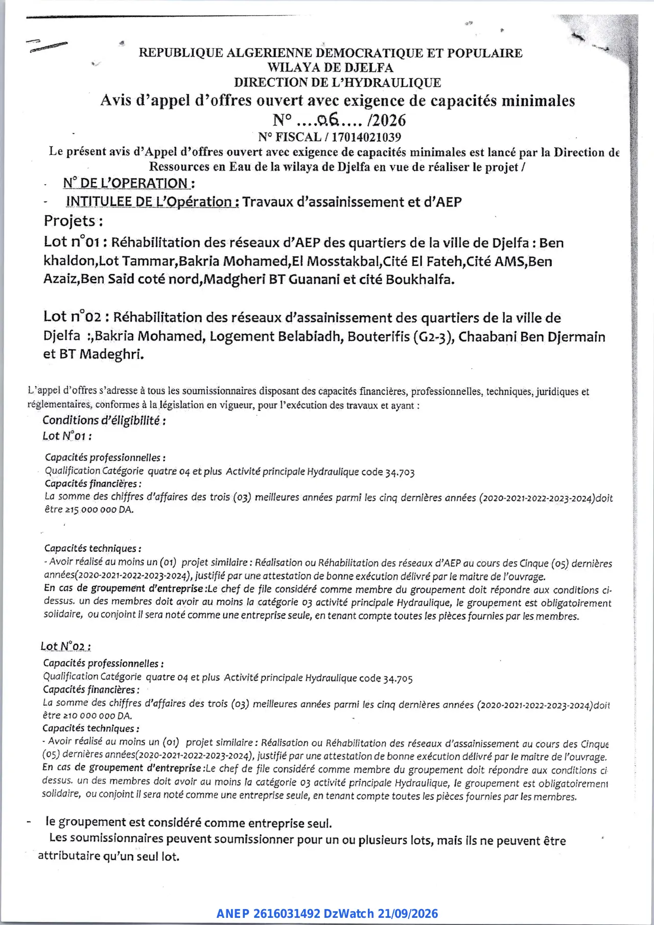 Annonce ANEP 2616031492 : Avis d'appel d'offres ouvert avec exigence de capacités minimales, WILAYA DE DJELFA DIRECTION DE L'HYDRAULIQUE