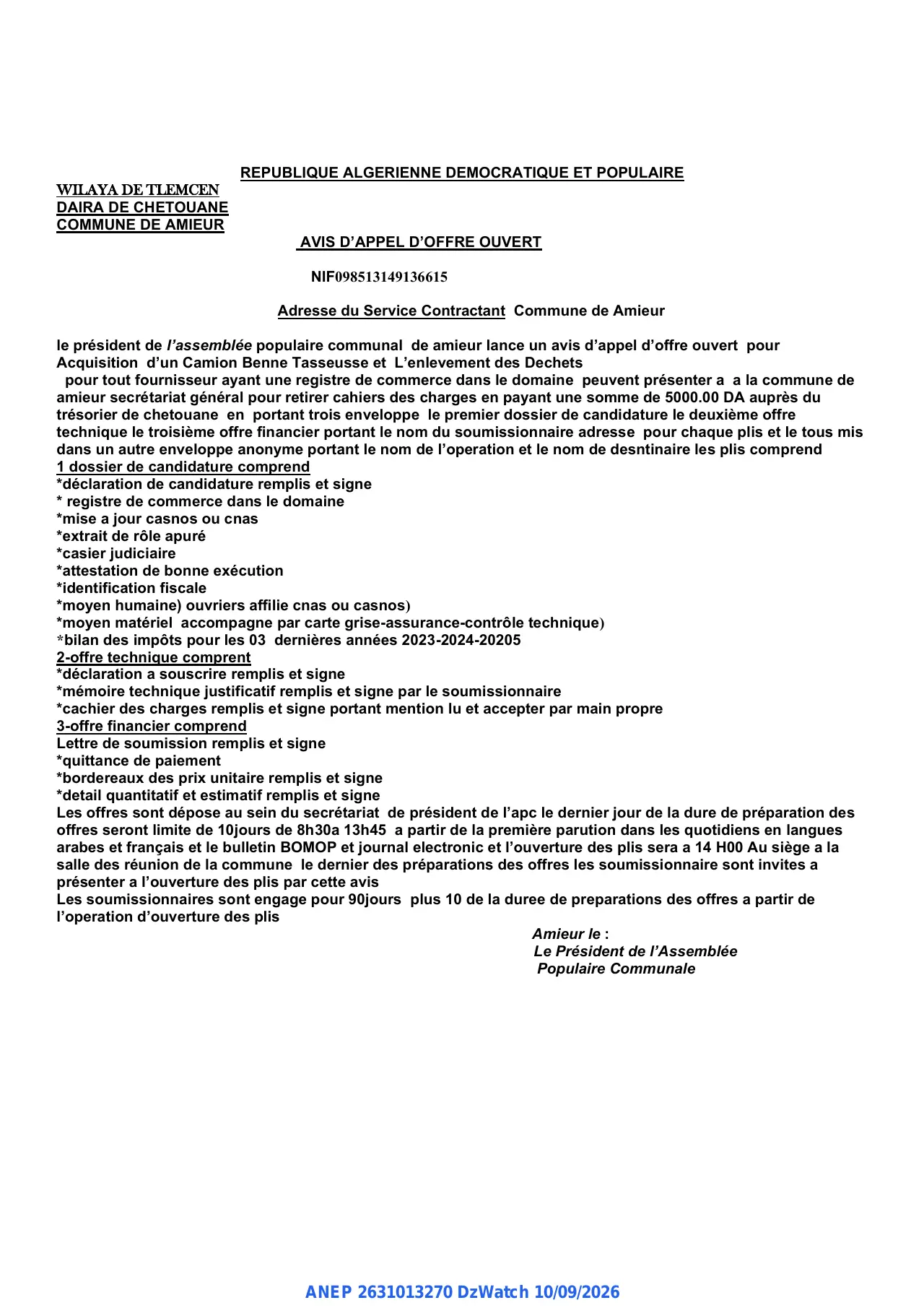 Annonce ANEP 2631013270 : AVIS D'APPEL D'OFFRE OUVERT, COMMUNE DE AMIEUR
