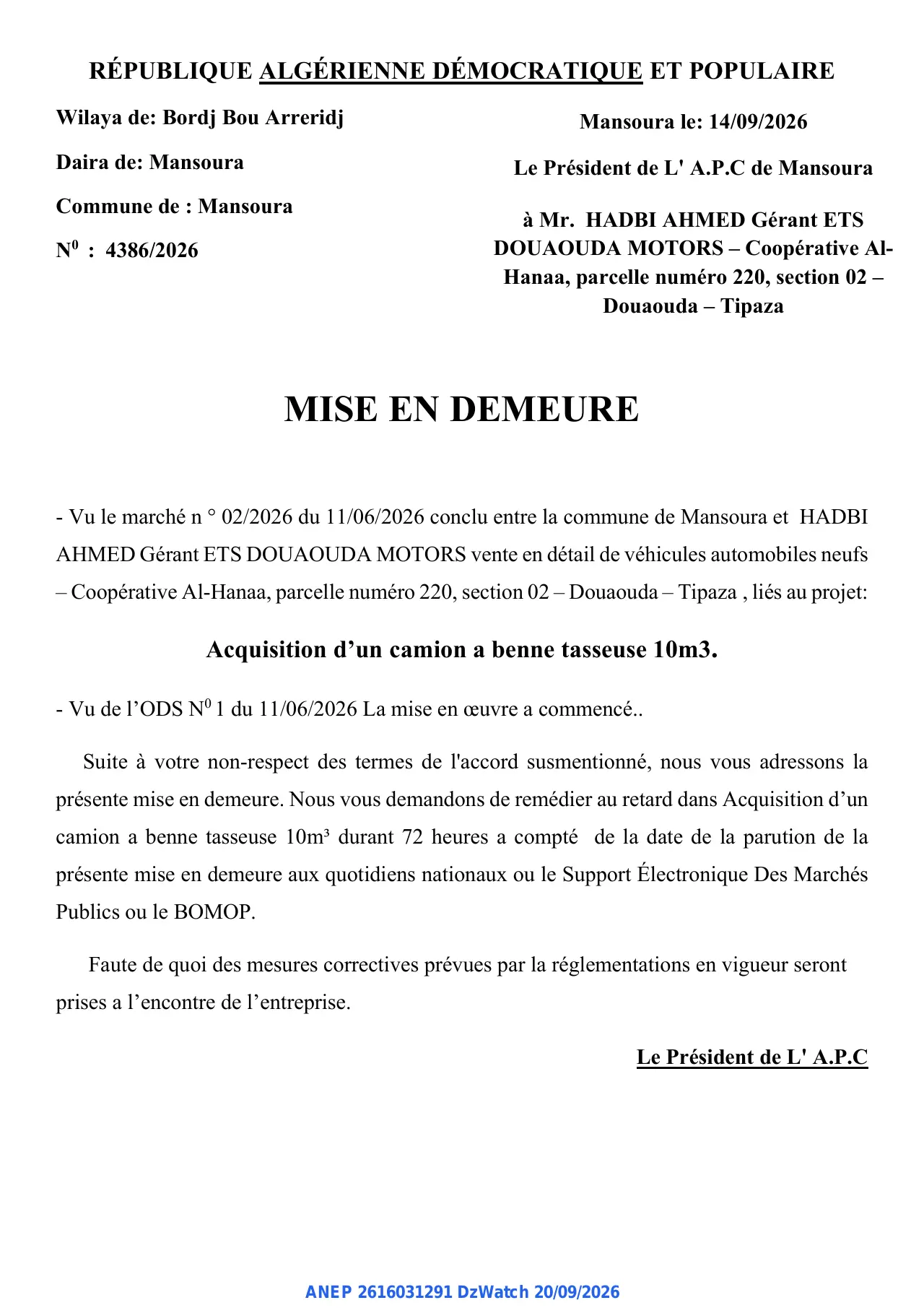 Annonce ANEP 2616031291 : MISE EN DEMEURE, Commune de Mansoura