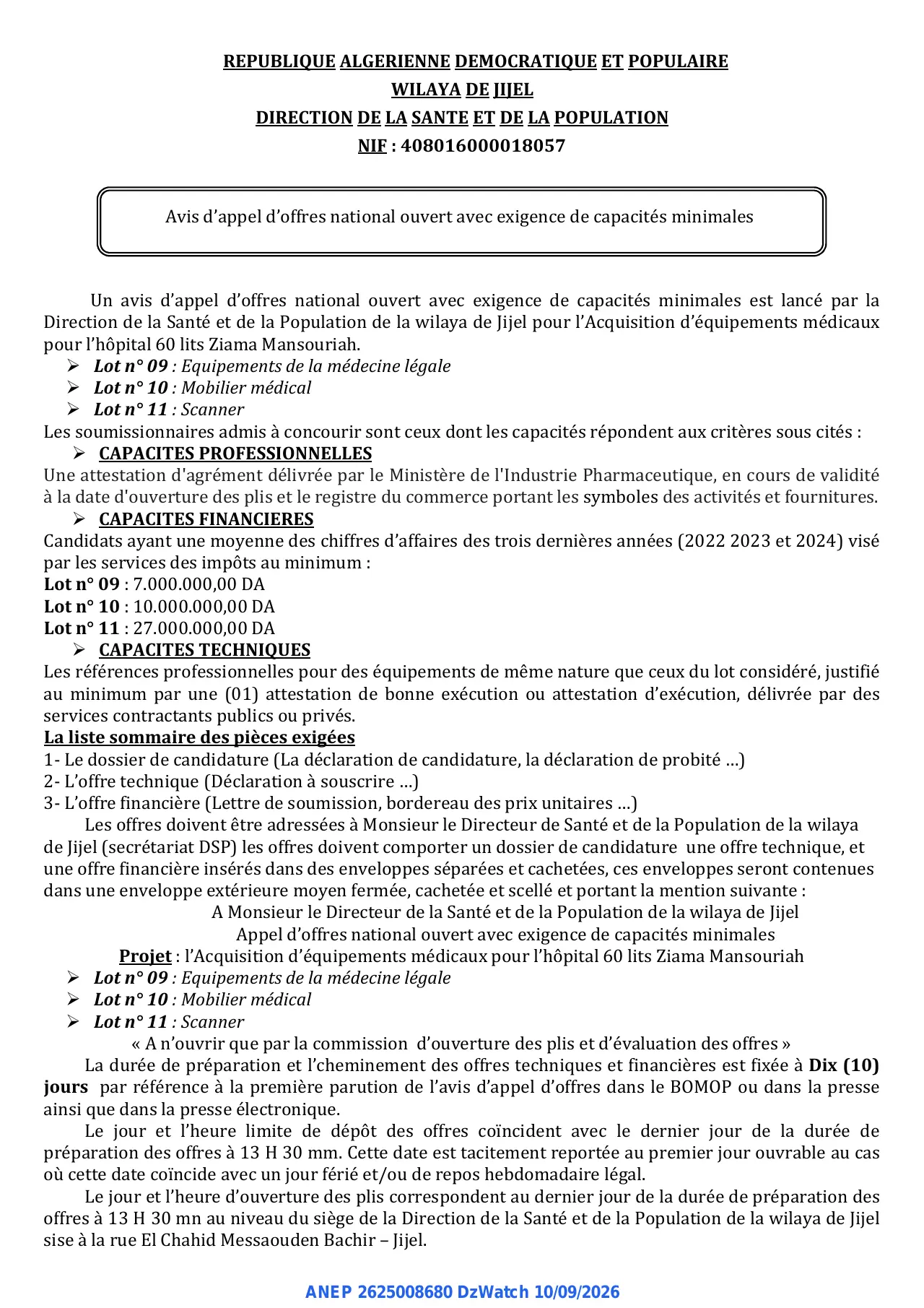 Annonce ANEP 2625008680 : Avis d'appel d'offres national ouvert avec exigence de capacités minimales, DIRECTION DE LA SANTE ET DE LA POPULATION WILAYA DE JIJEL