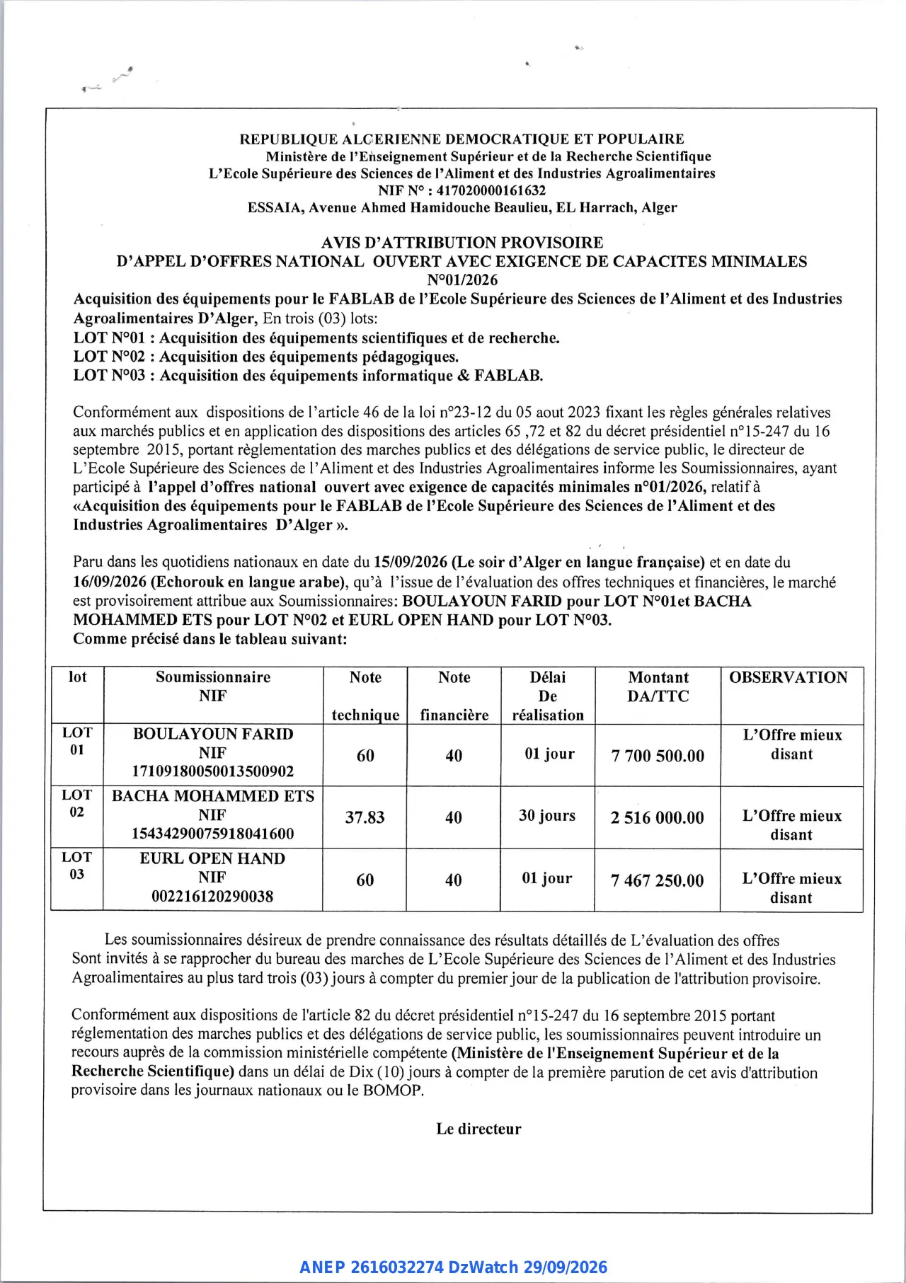 Annonce ANEP 2616032274 : AVIS D'ATTRIBUTION PROVISOIRE, L'Ecole Supérieure des Sciences de l'Aliment et des Industries Agroalimentaires